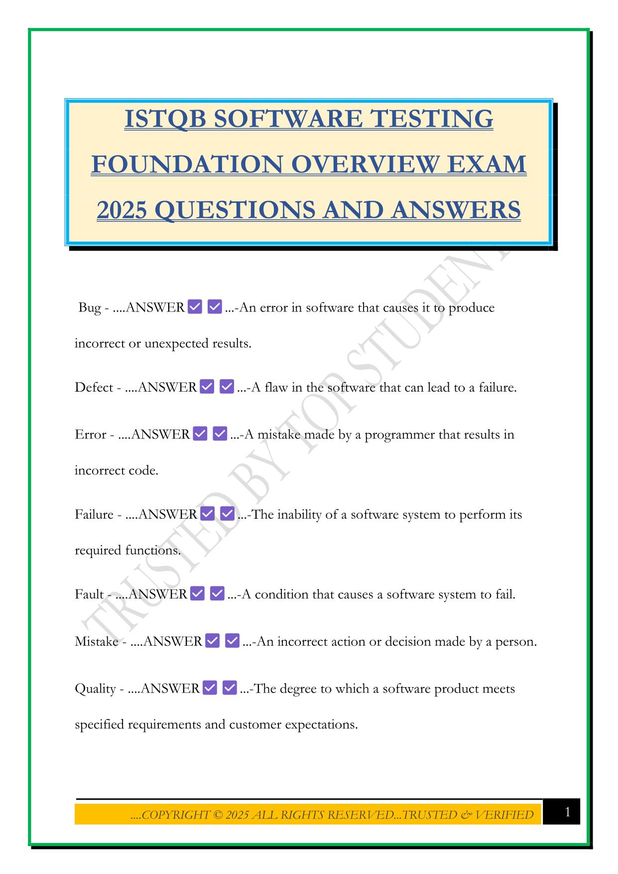 ISTQB SOFTWARE TESTING FOUNDATION OVERVIEW EXAM 2025 QUESTIONS AND ANSWERS