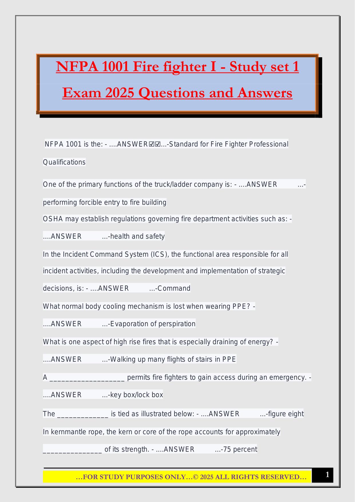 NFPA 1001 Fire fighter I - Study set 1 Exam 2025 Questions and Answers