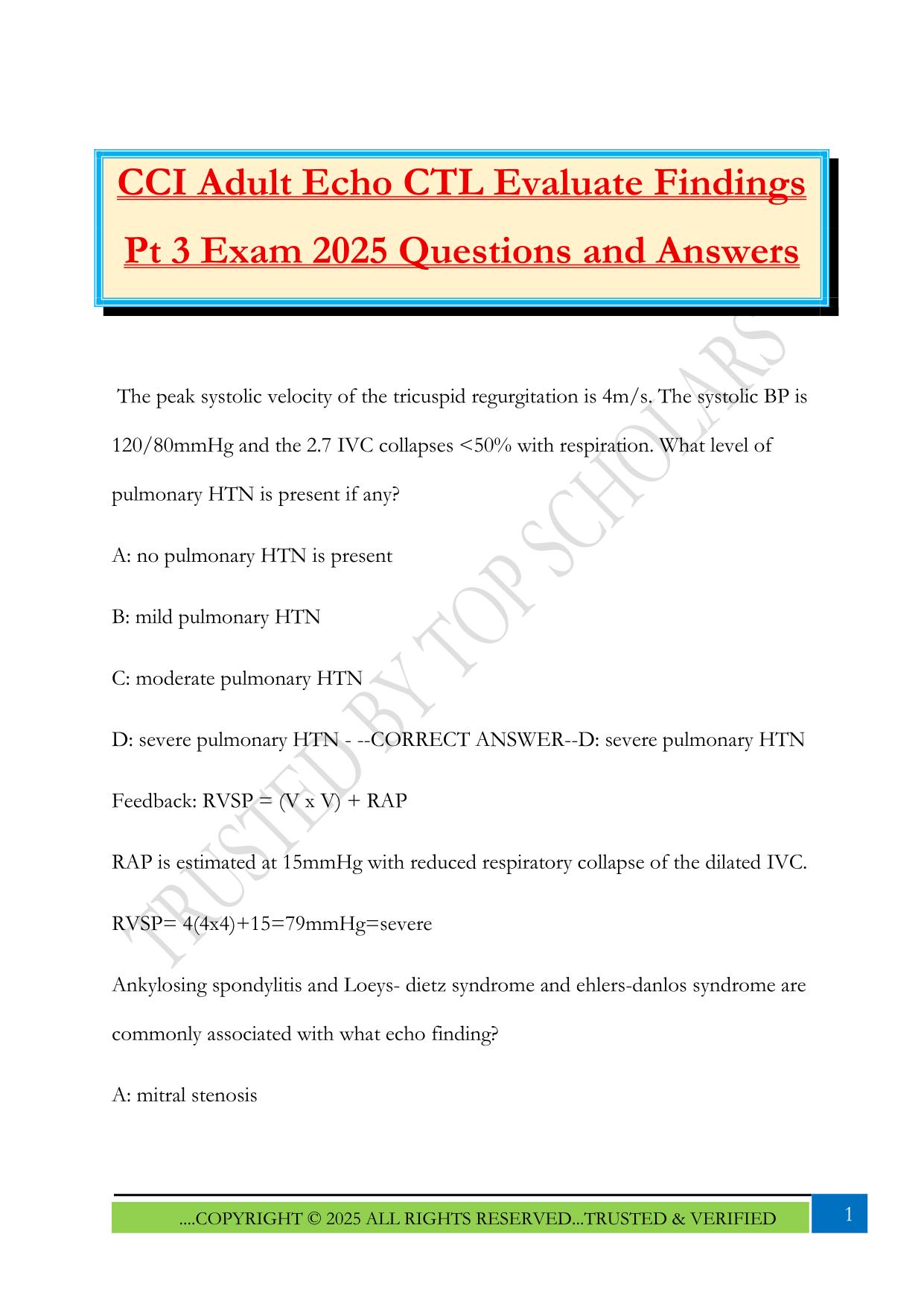 CCI Adult Echo CTL Evaluate Findings Pt 3 Exam 2025 Questions and Answers