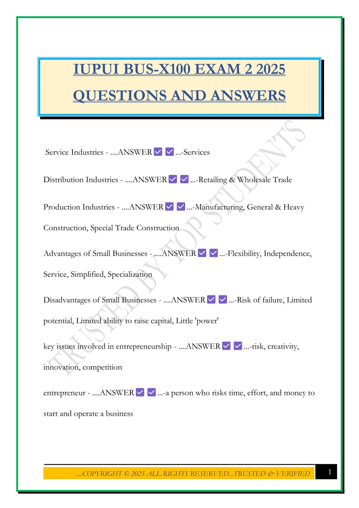IUPUI BUS-X100 EXAM 2 2025 QUESTIONS AND ANSWERS