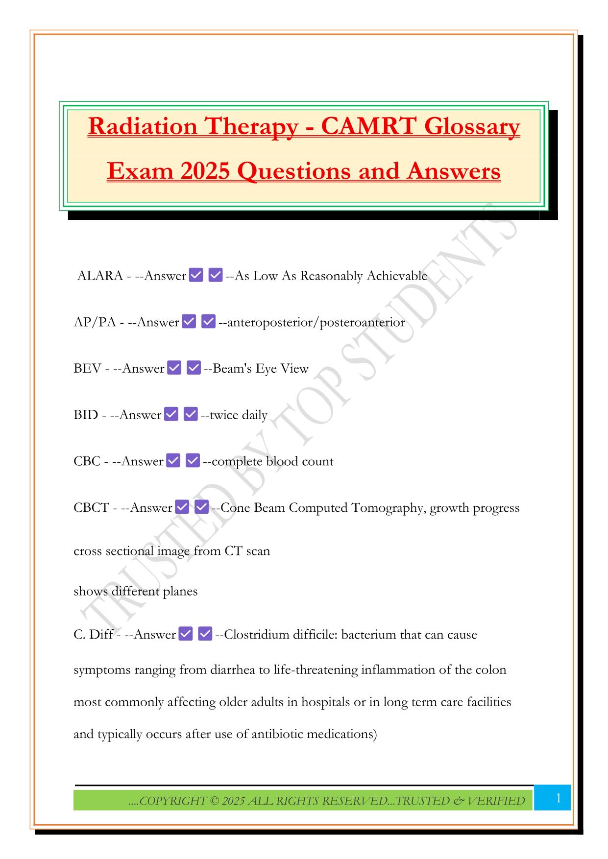 Radiation Therapy - CAMRT Glossary Exam 2025 Questions and Answers