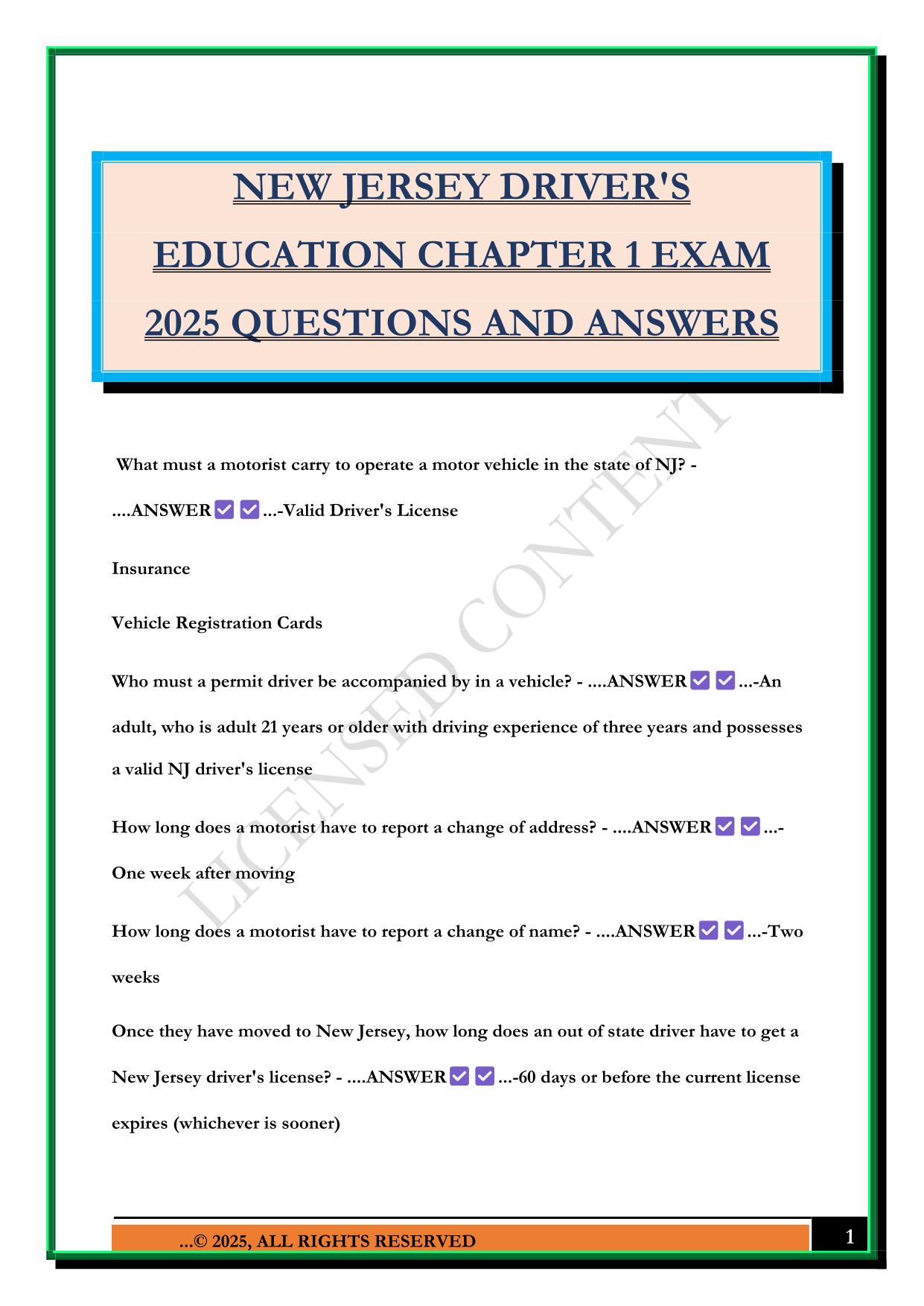 NEW JERSEY DRIVER'S EDUCATION CHAPTER 1 EXAM 2025 QUESTIONS AND ANSWERS