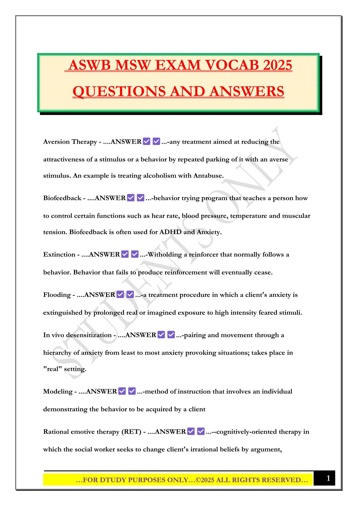 ASWB MSW EXAM VOCAB 2025 QUESTIONS AND ANSWERS