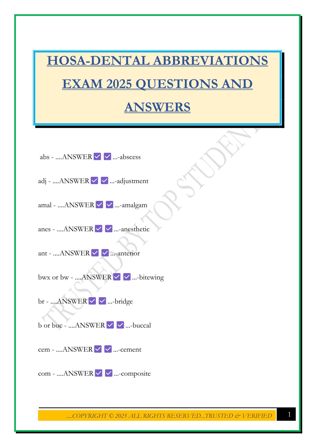 HOSA-DENTAL ABBREVIATIONS EXAM 2025 QUESTIONS AND ANSWERS