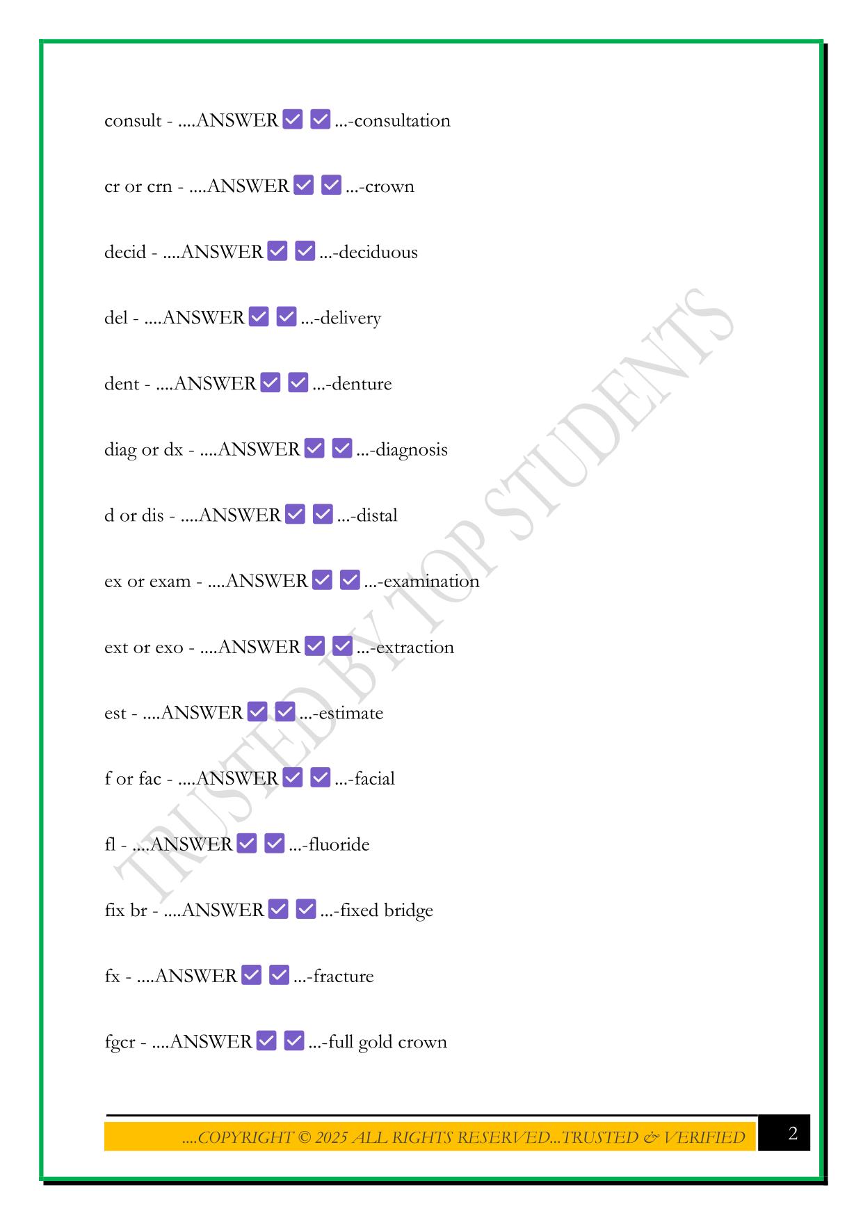 HOSA-DENTAL ABBREVIATIONS EXAM 2025 QUESTIONS AND ANSWERS