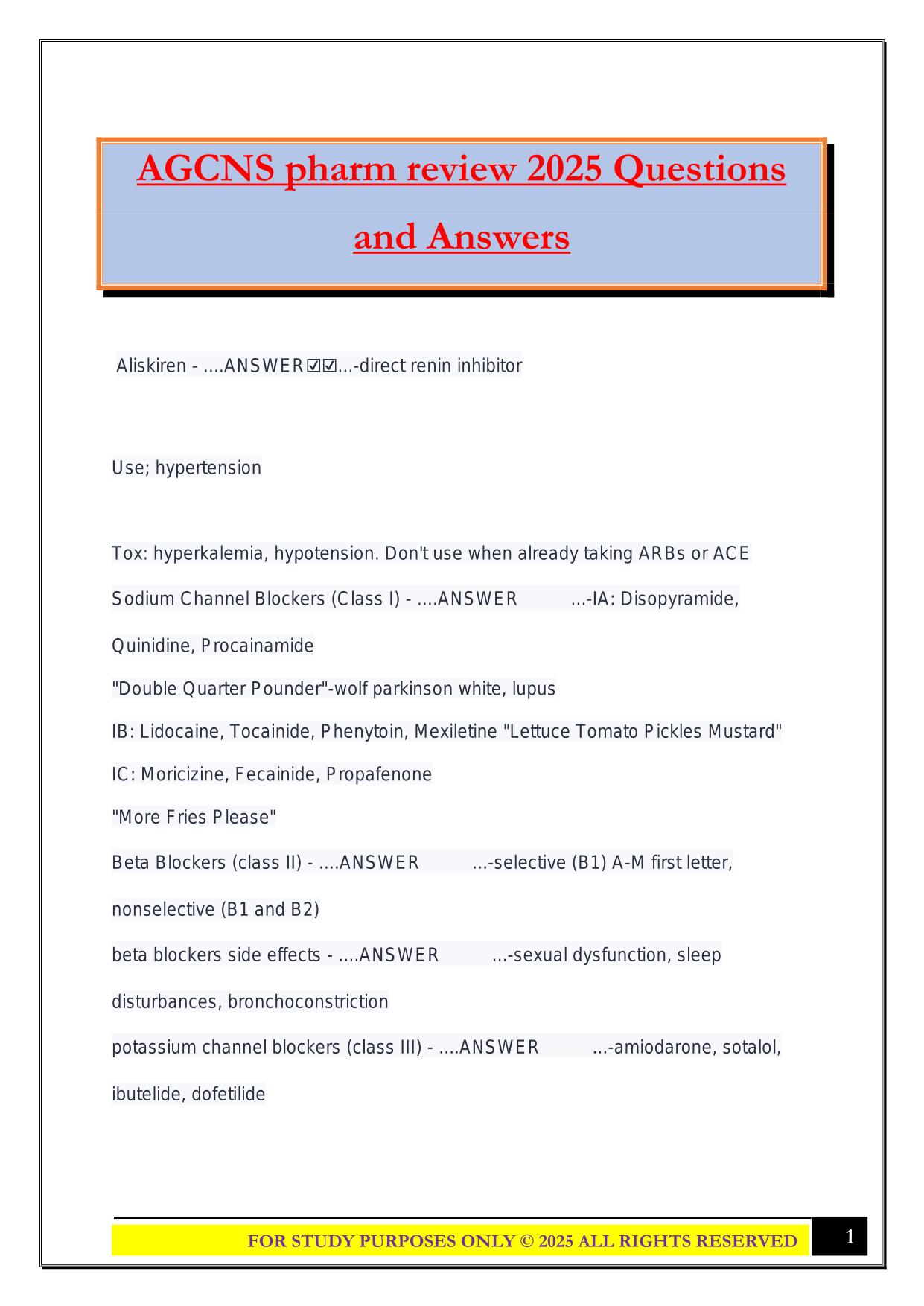 AGCNS pharm review 2025 Questions and Answers