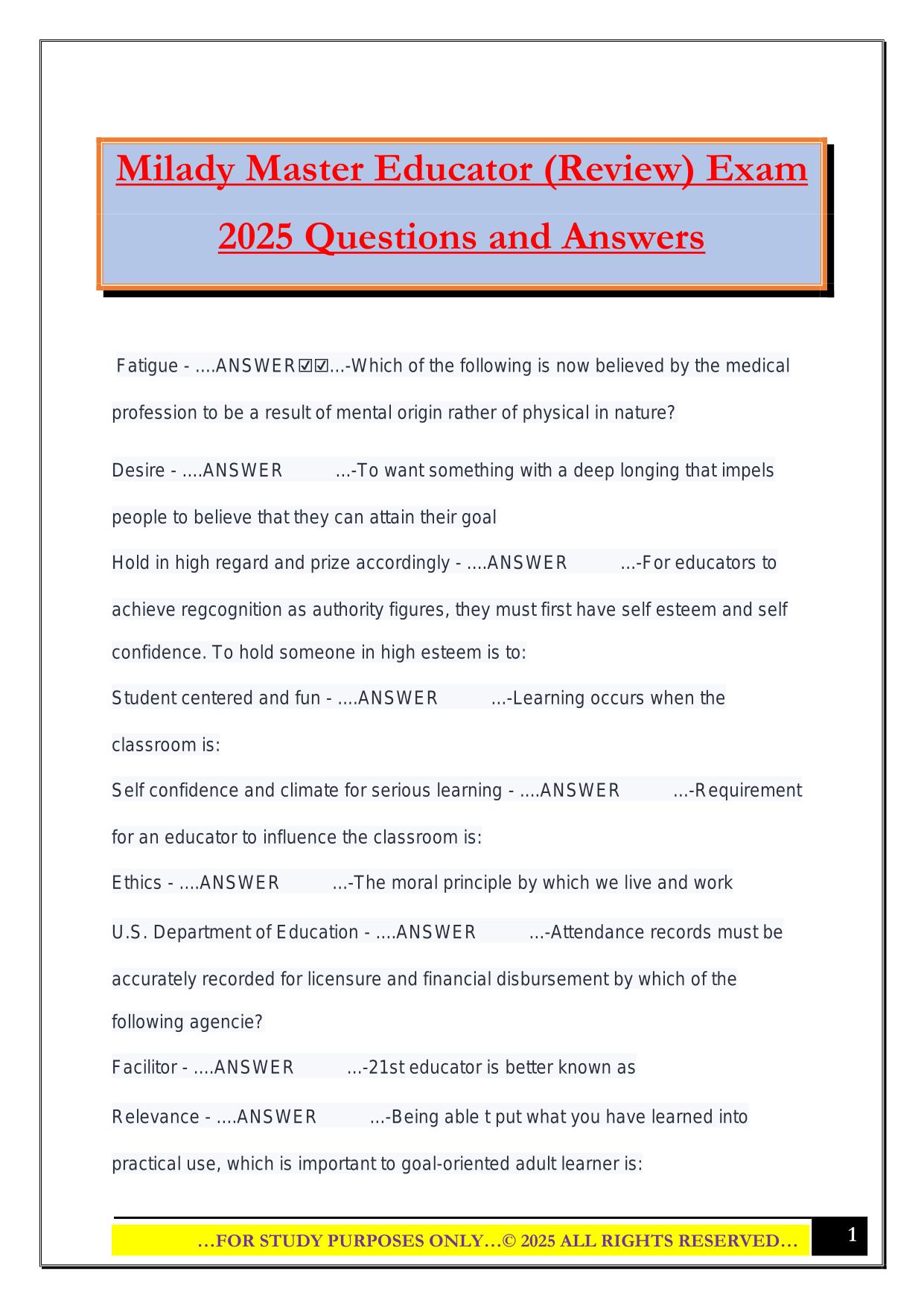 Milady Master Educator (Review) Exam 2025 Questions and Answers