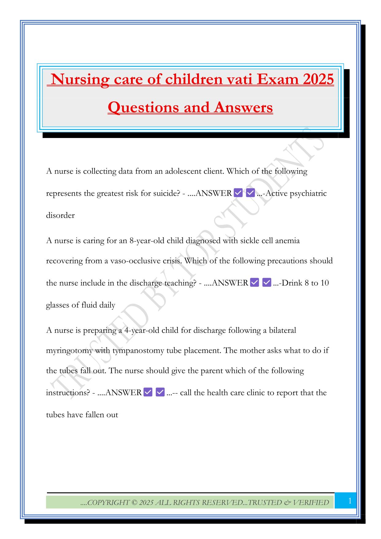 Nursing care of children vati Exam 2025 Questions and Answers