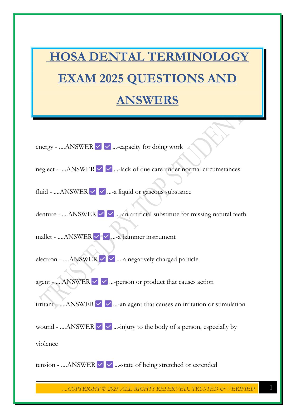 HOSA DENTAL TERMINOLOGY EXAM 2025 QUESTIONS AND ANSWERS