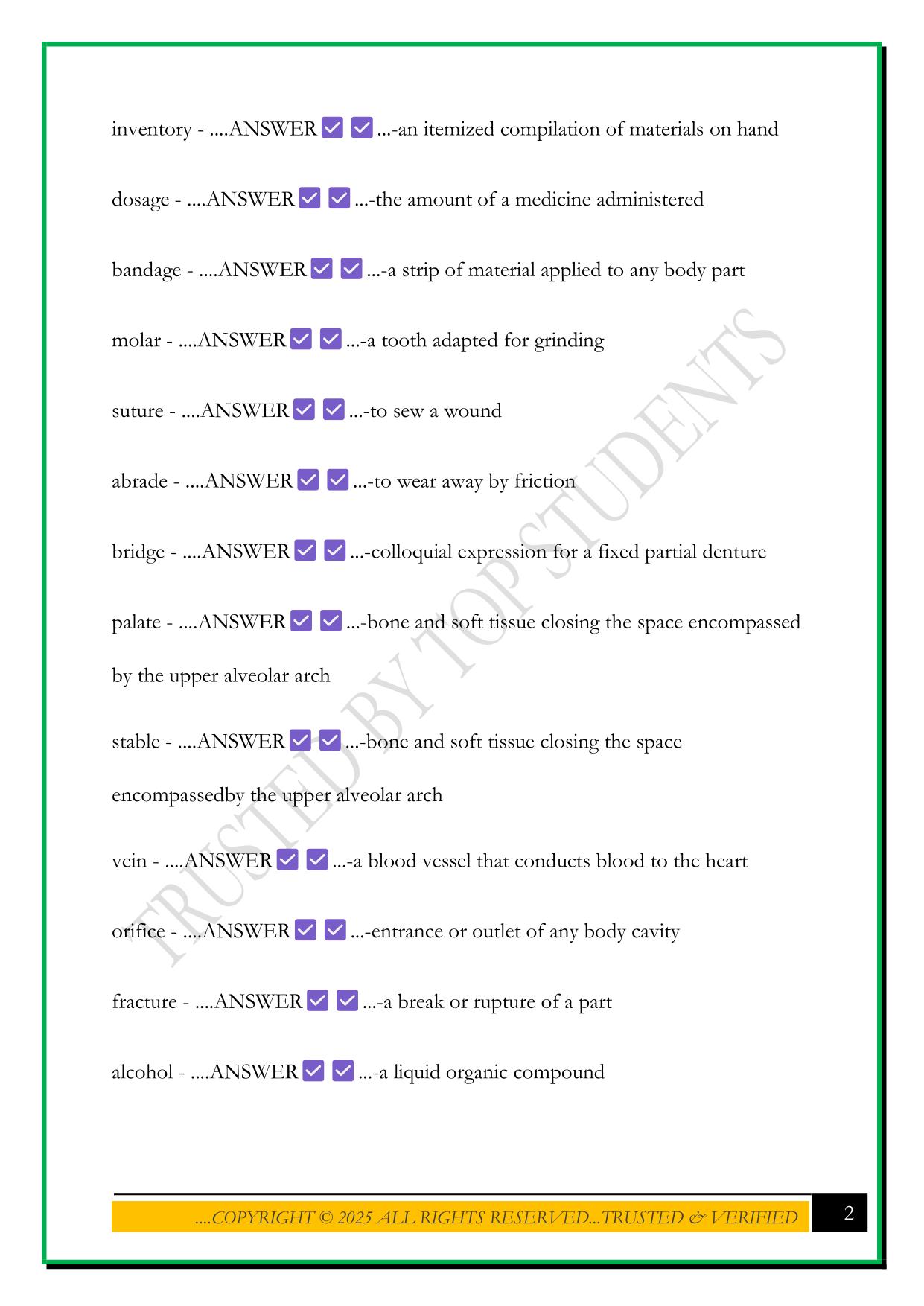 HOSA DENTAL TERMINOLOGY EXAM 2025 QUESTIONS AND ANSWERS