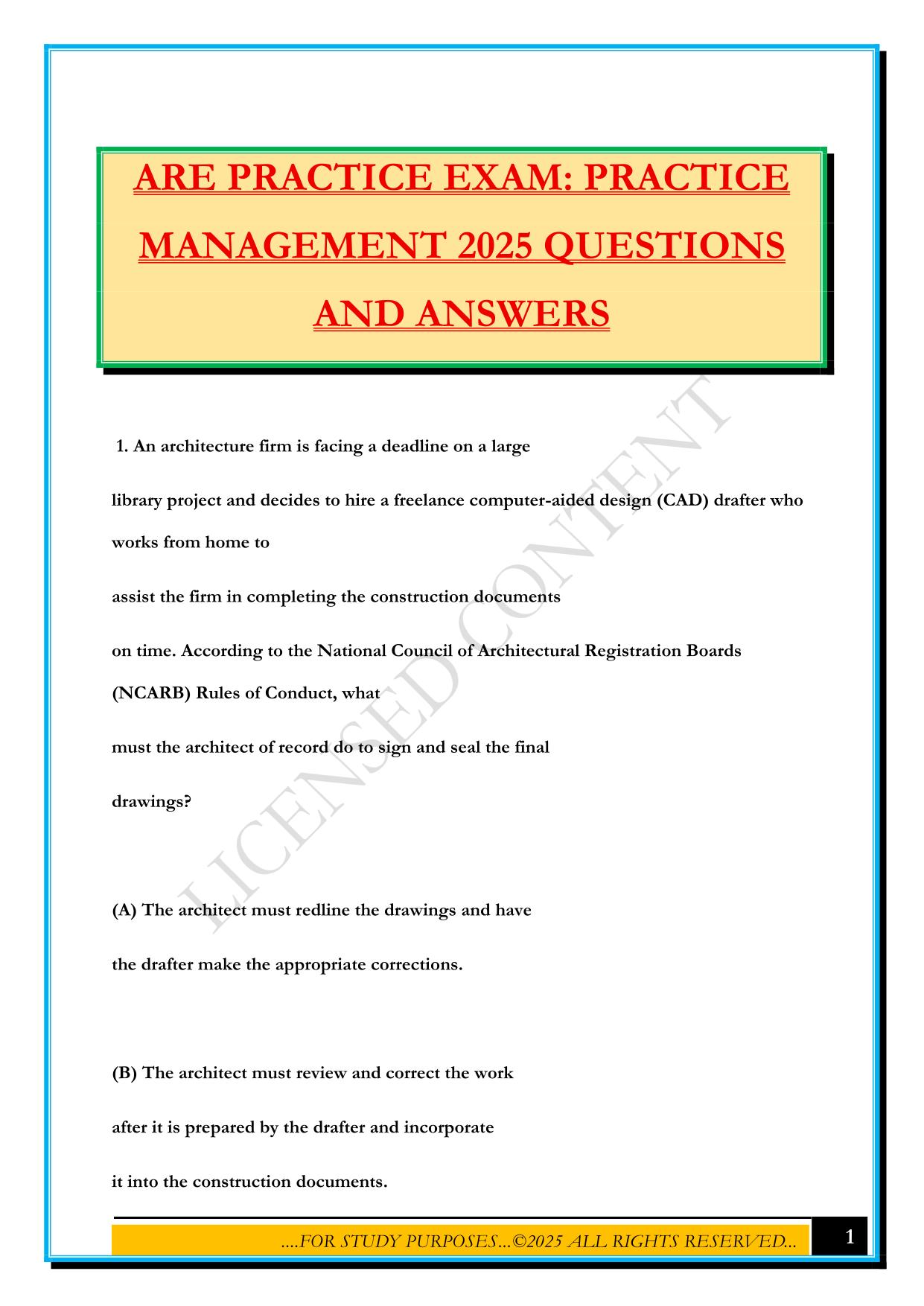 ARE PRACTICE EXAM: PRACTICE MANAGEMENT 2025 QUESTIONS AND ANSWERS