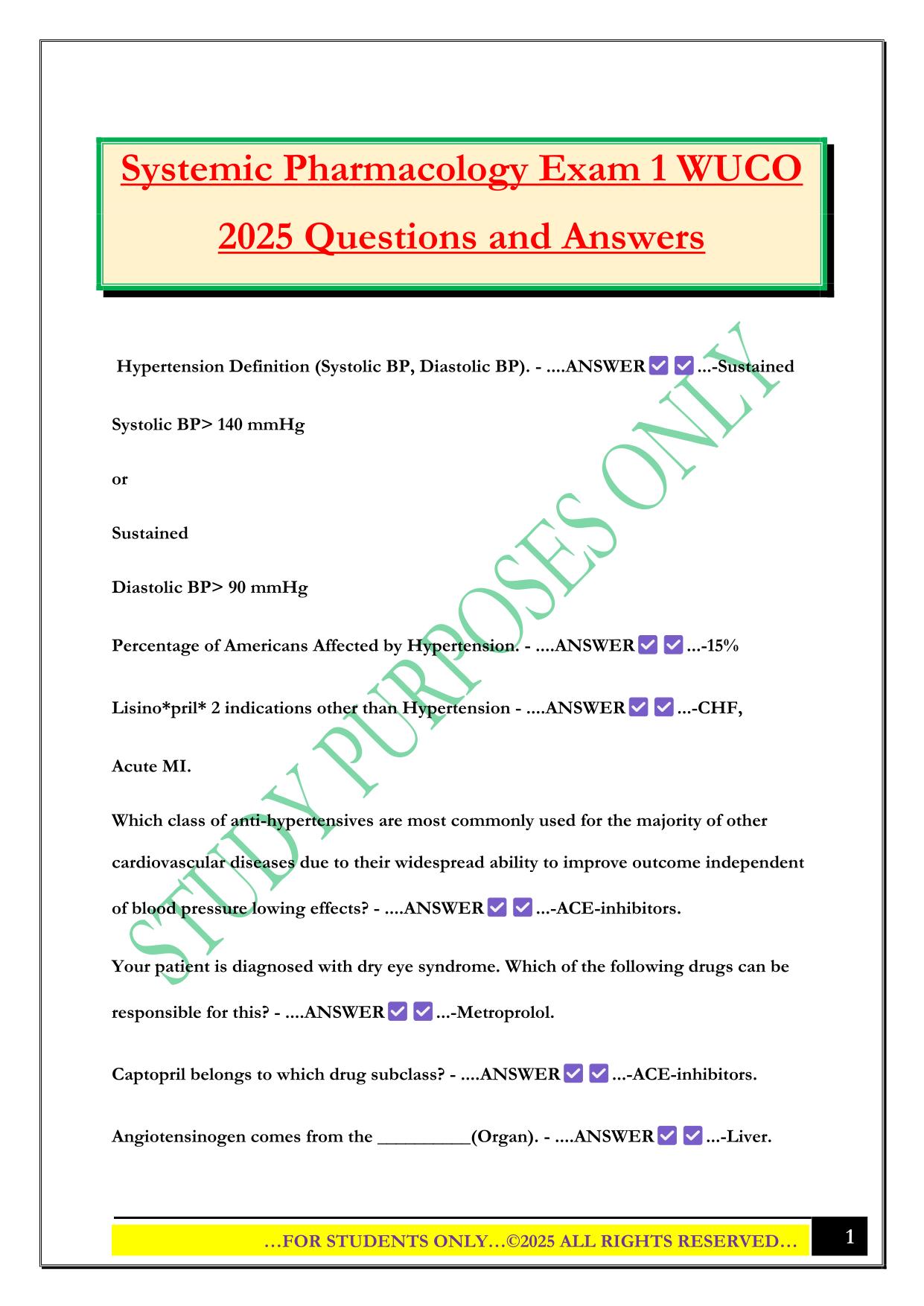 Systemic Pharmacology Exam 1 WUCO 2025 Questions and Answers
