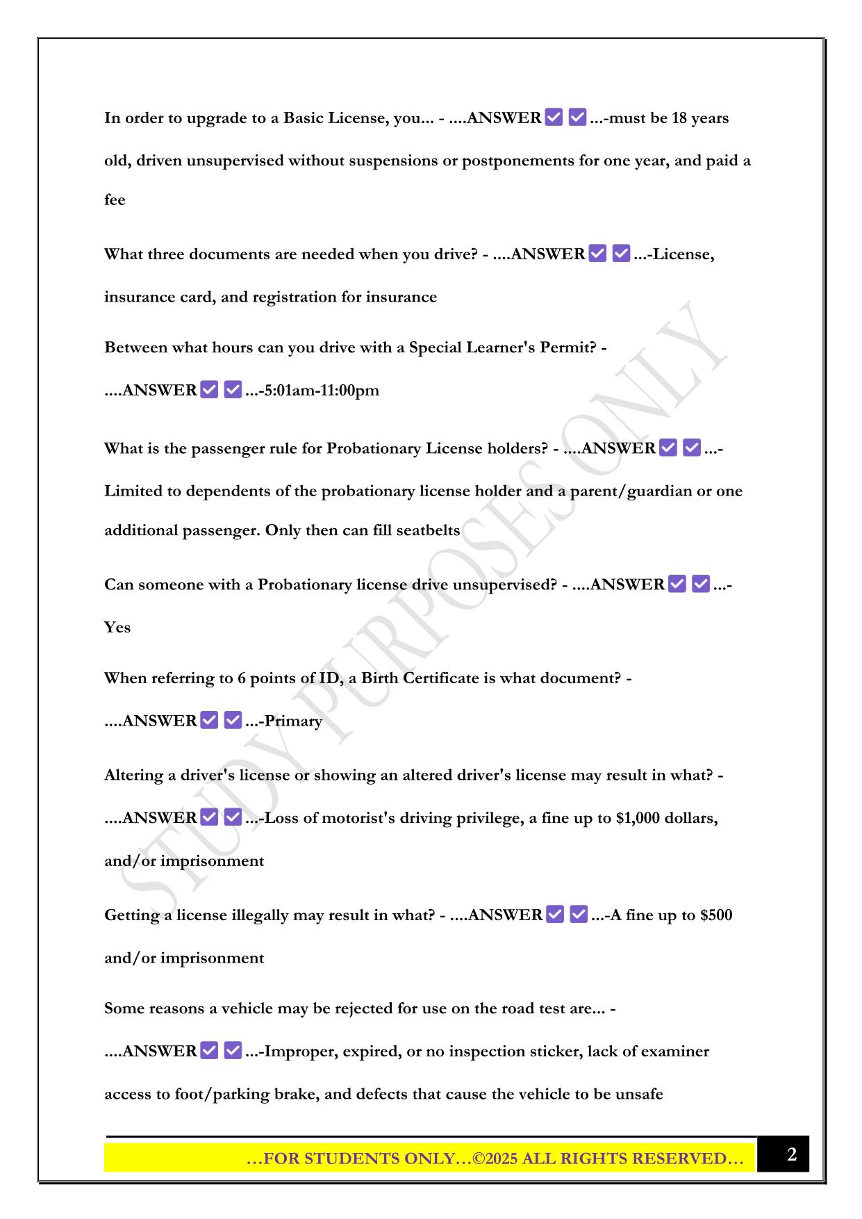Driver's Education Manual All Chapters Exam 2025 Questions and Answers