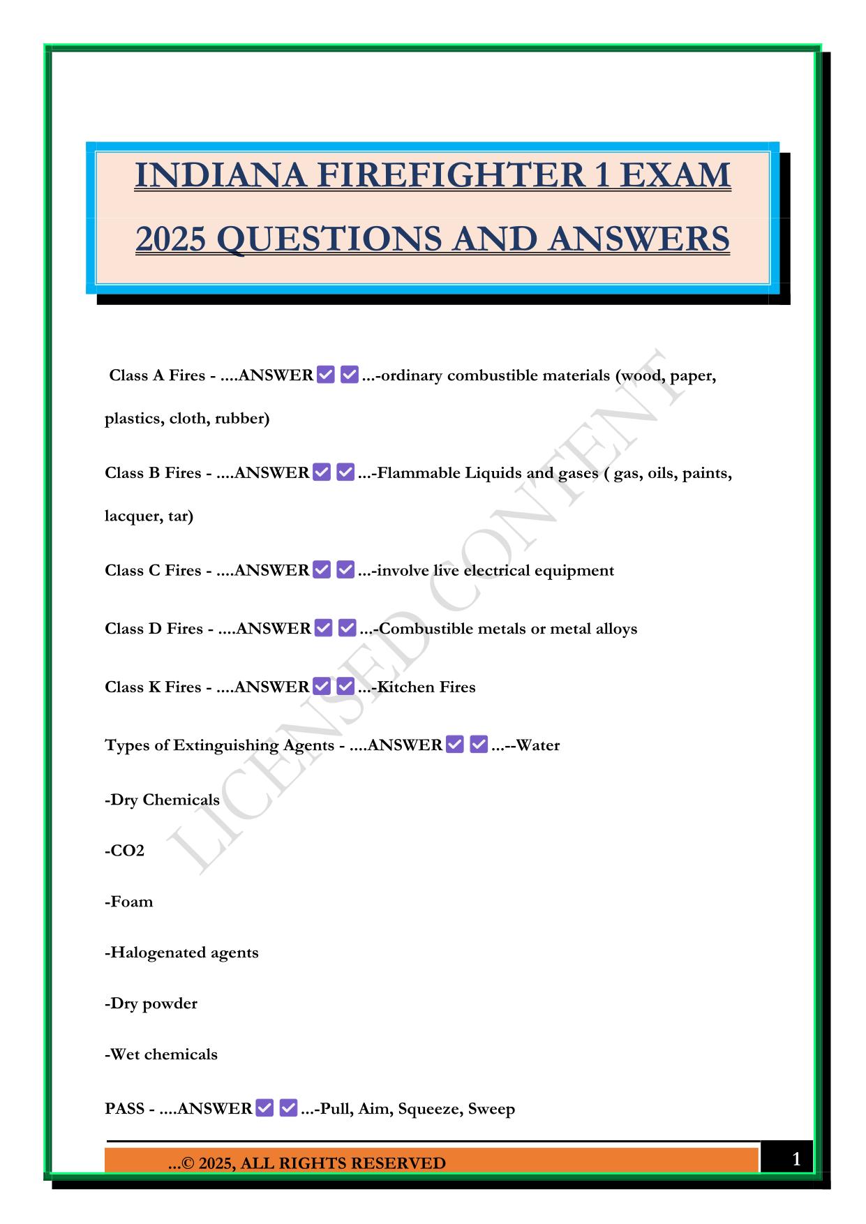 INDIANA FIREFIGHTER 1 EXAM 2025 QUESTIONS AND ANSWERS