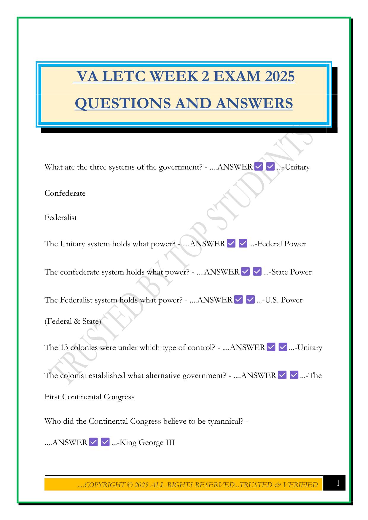 VA LETC WEEK 2 EXAM 2025 QUESTIONS AND ANSWERS