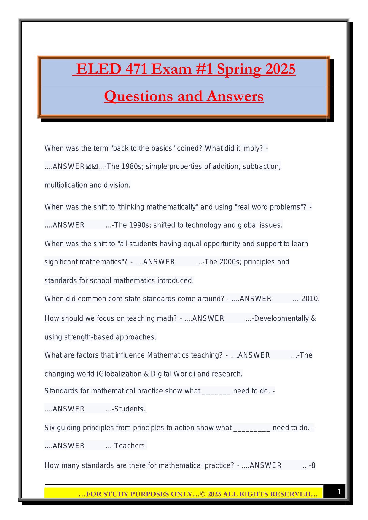 ELED 471 Exam #1 Spring 2025 Questions and Answers