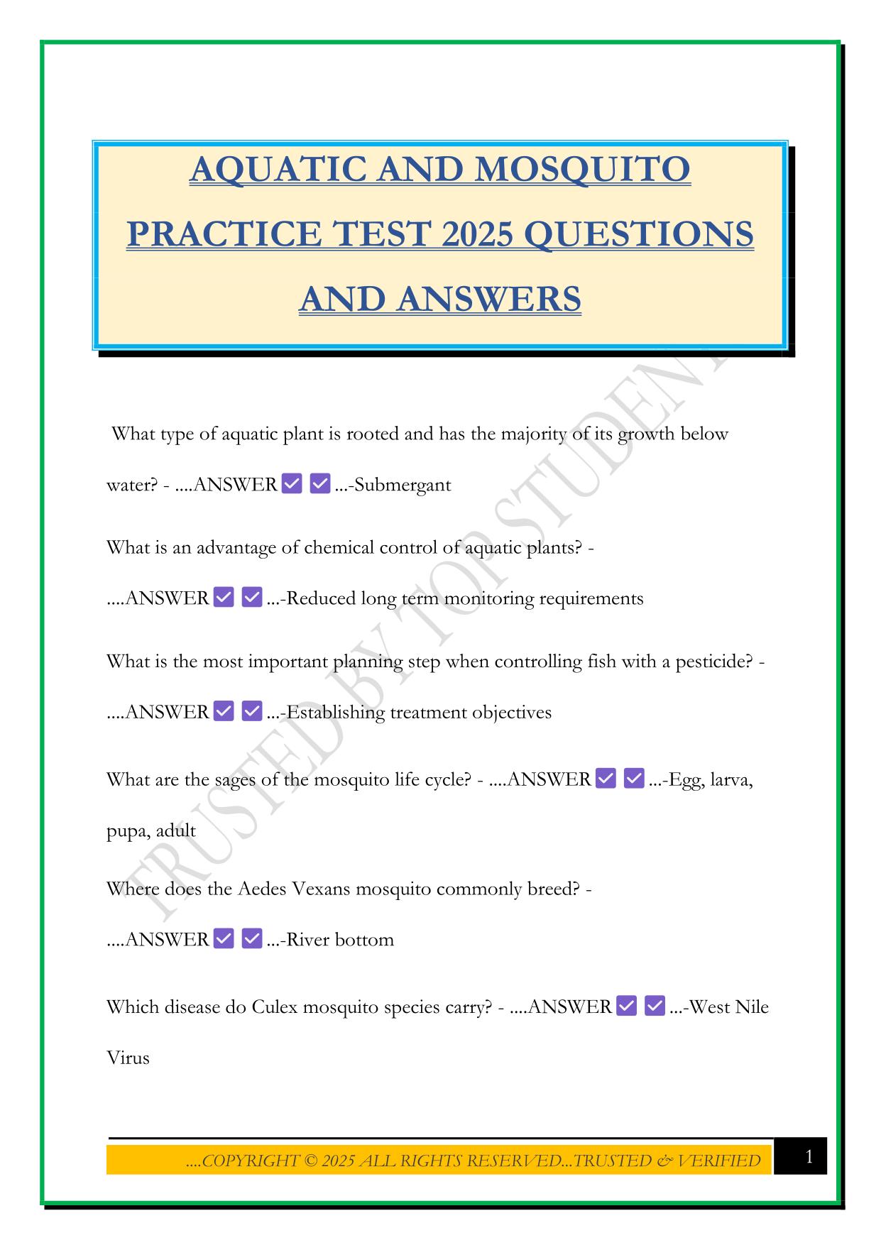 AQUATIC AND MOSQUITO PRACTICE TEST 2025 QUESTIONS AND ANSWERS