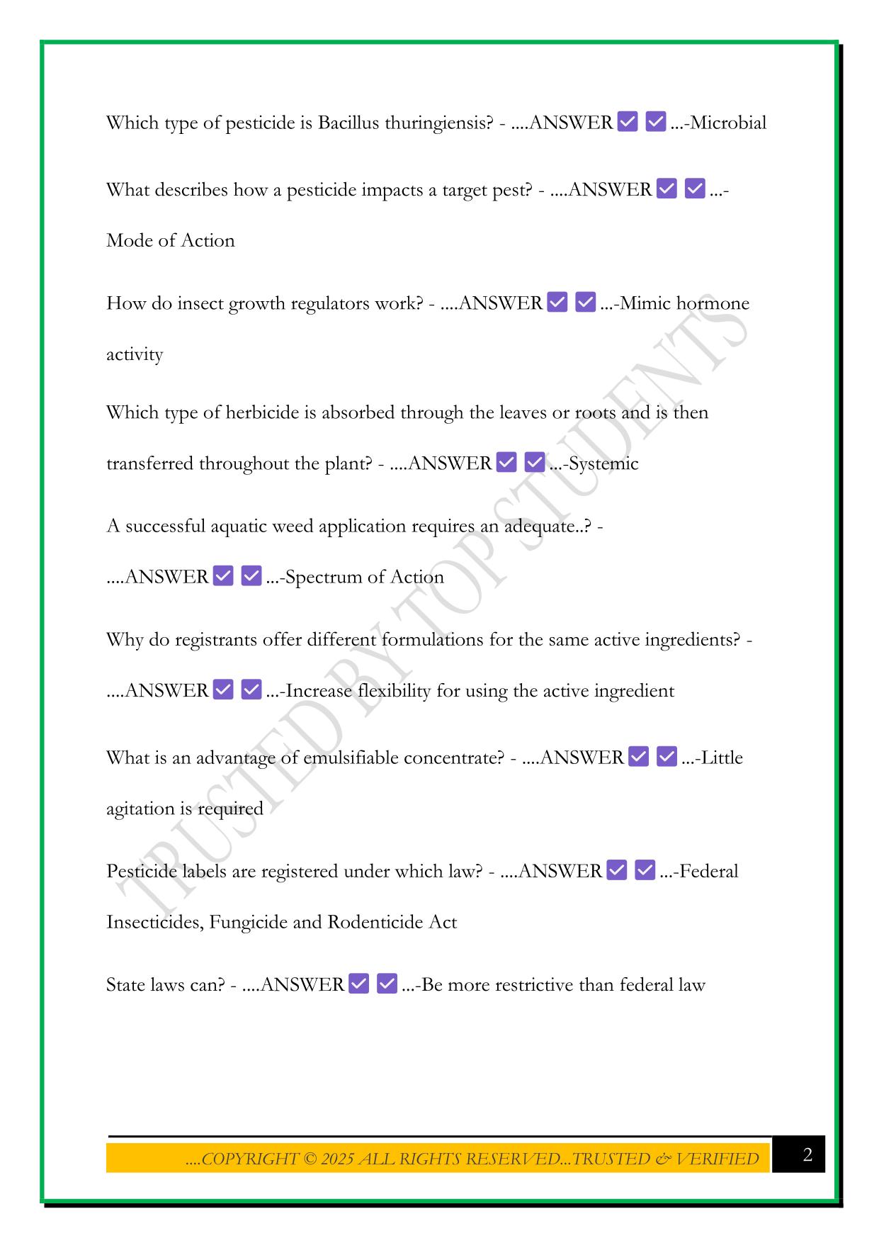 AQUATIC AND MOSQUITO PRACTICE TEST 2025 QUESTIONS AND ANSWERS