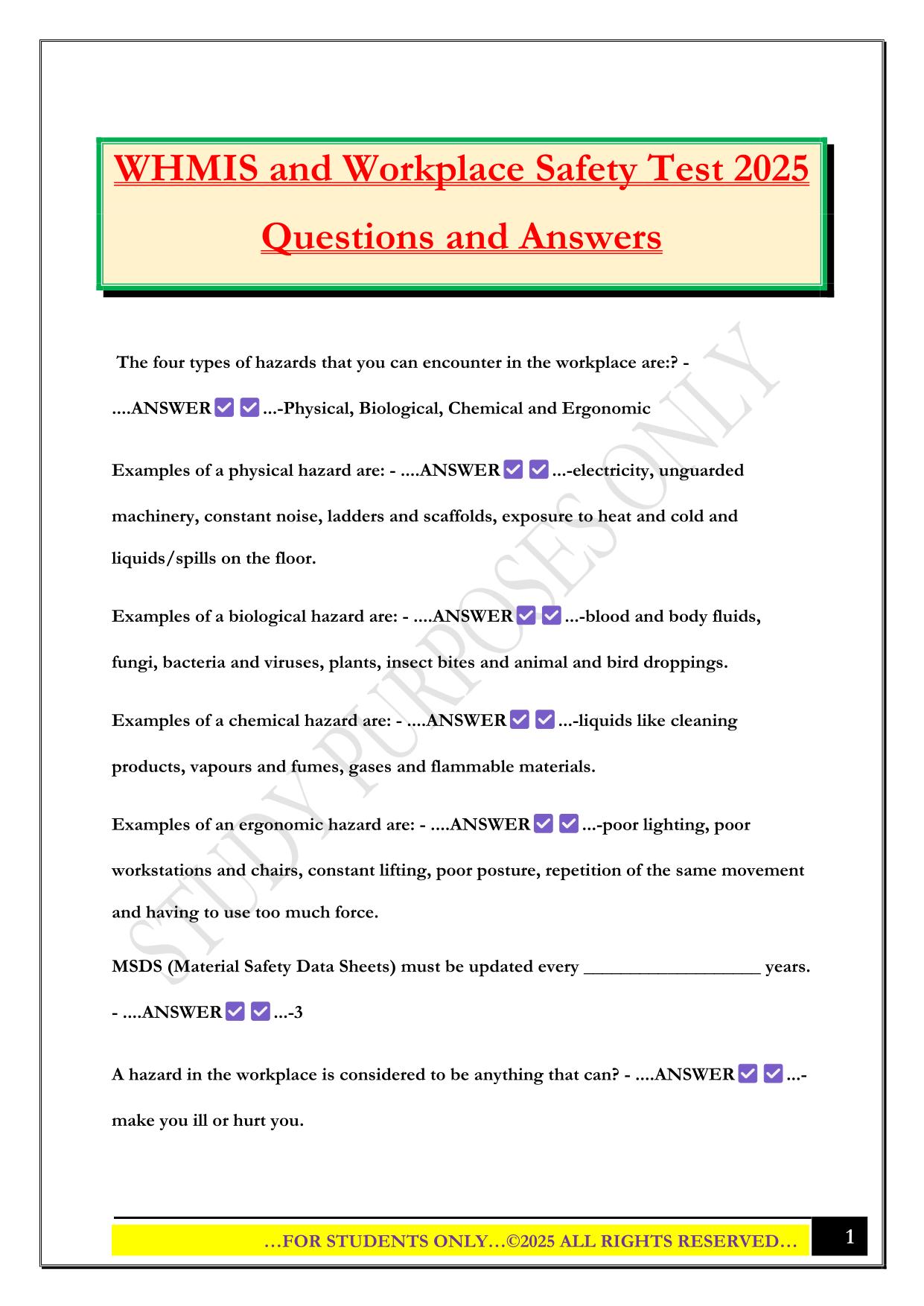 WHMIS and Workplace Safety Test 2025 Questions and Answers