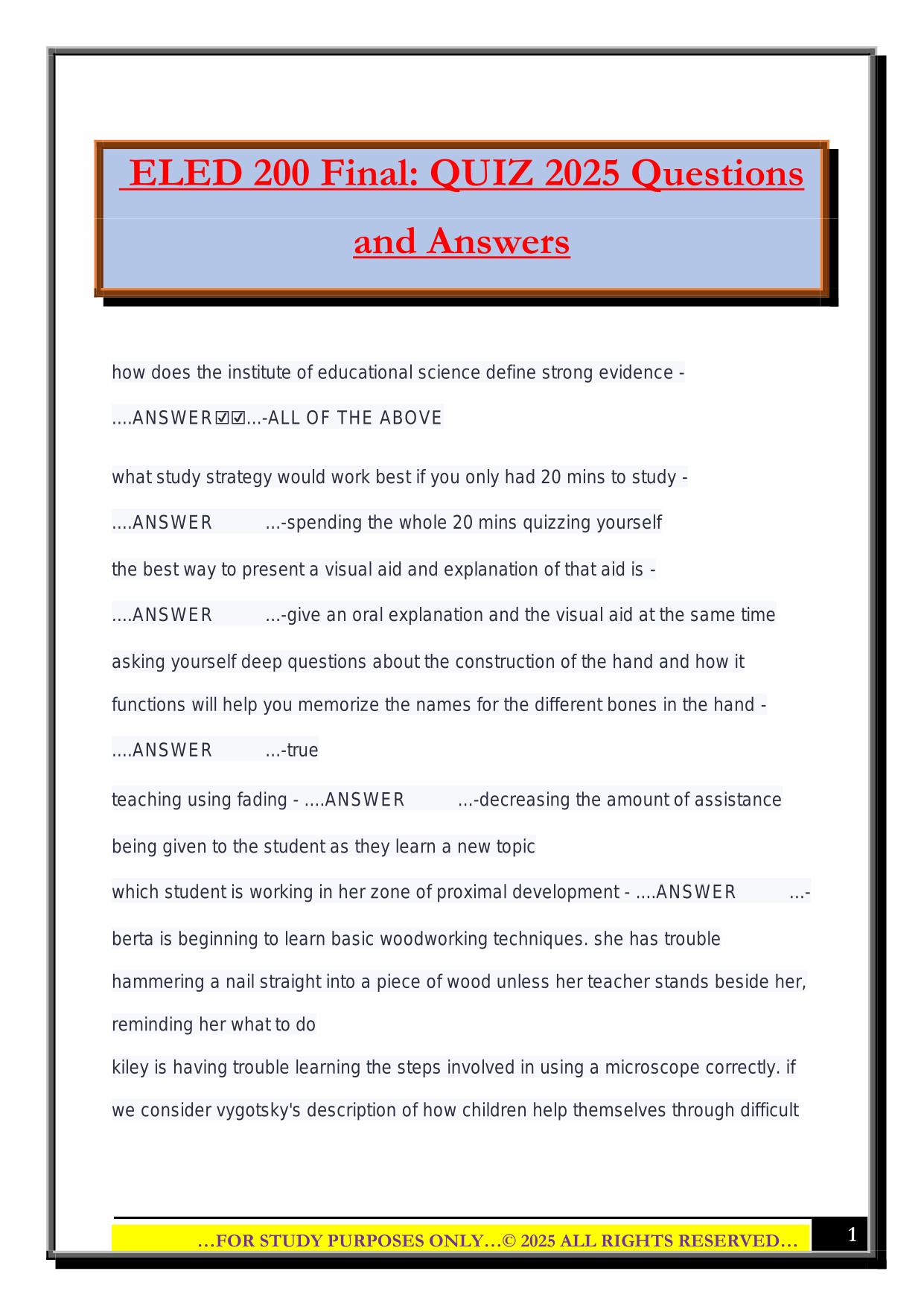 ELED 200 Final: QUIZ 2025 Questions and Answers