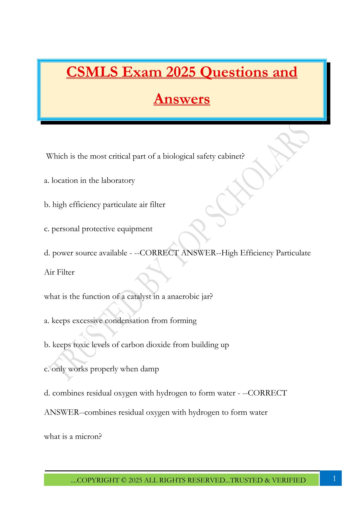 CSMLS Exam 2025 Questions and Answers