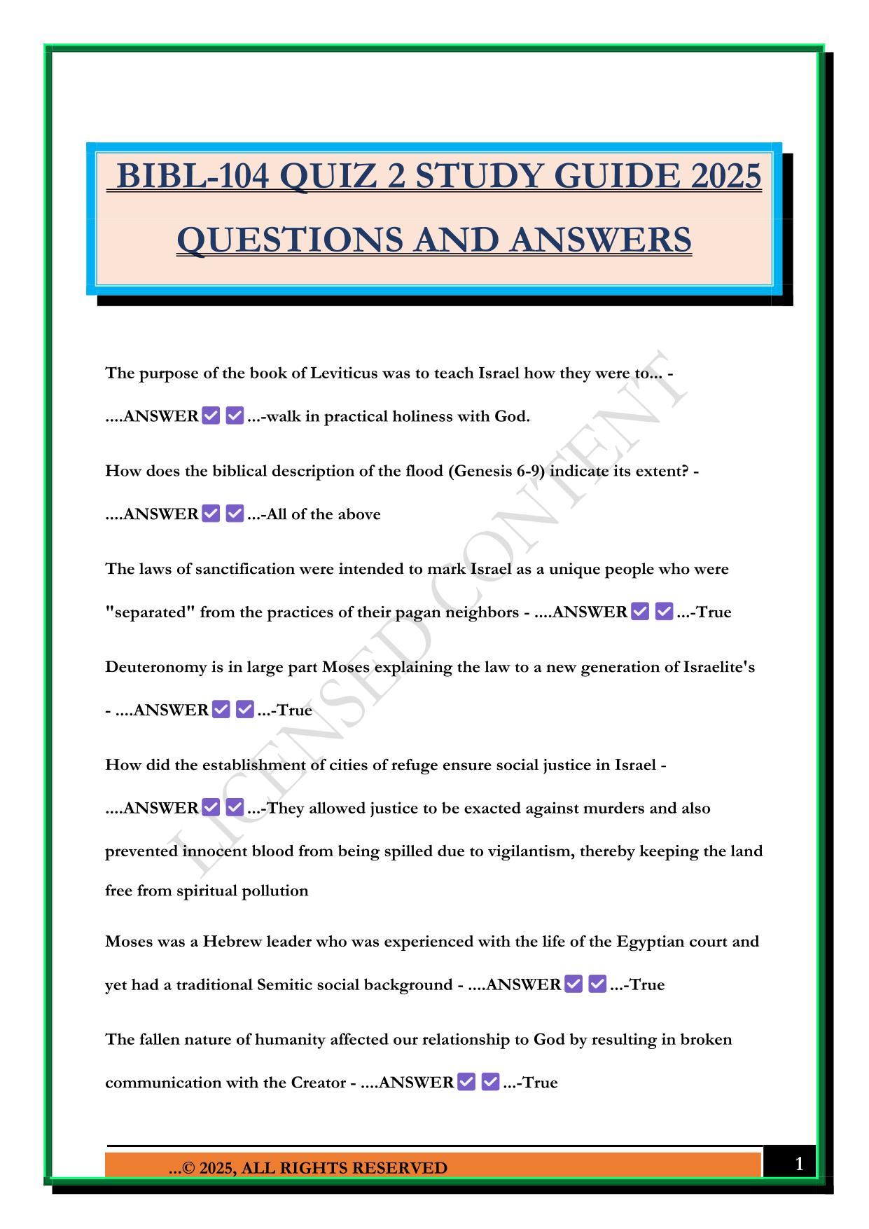 BIBL-104 QUIZ 2 STUDY GUIDE 2025 QUESTIONS AND ANSWERS