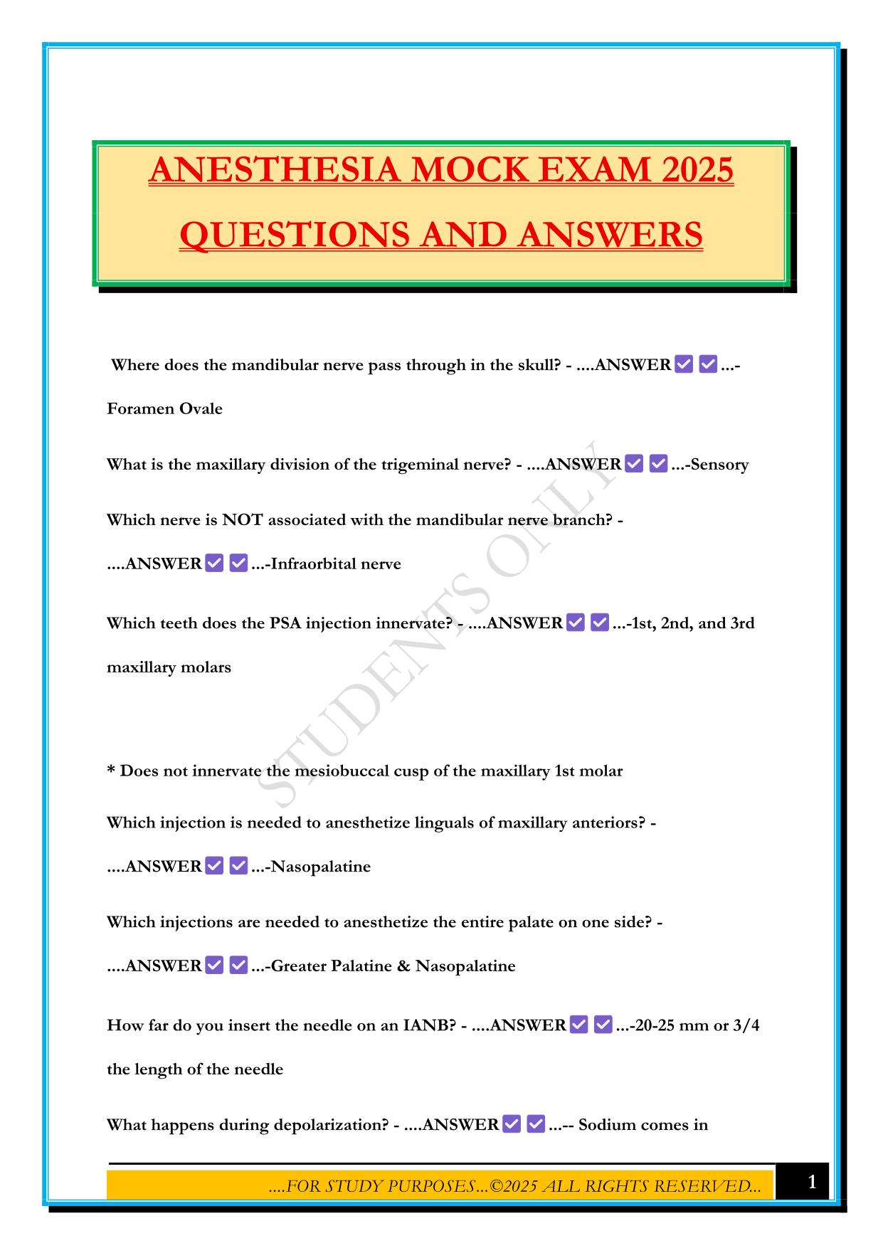 ANESTHESIA MOCK EXAM 2025 QUESTIONS AND ANSWERS