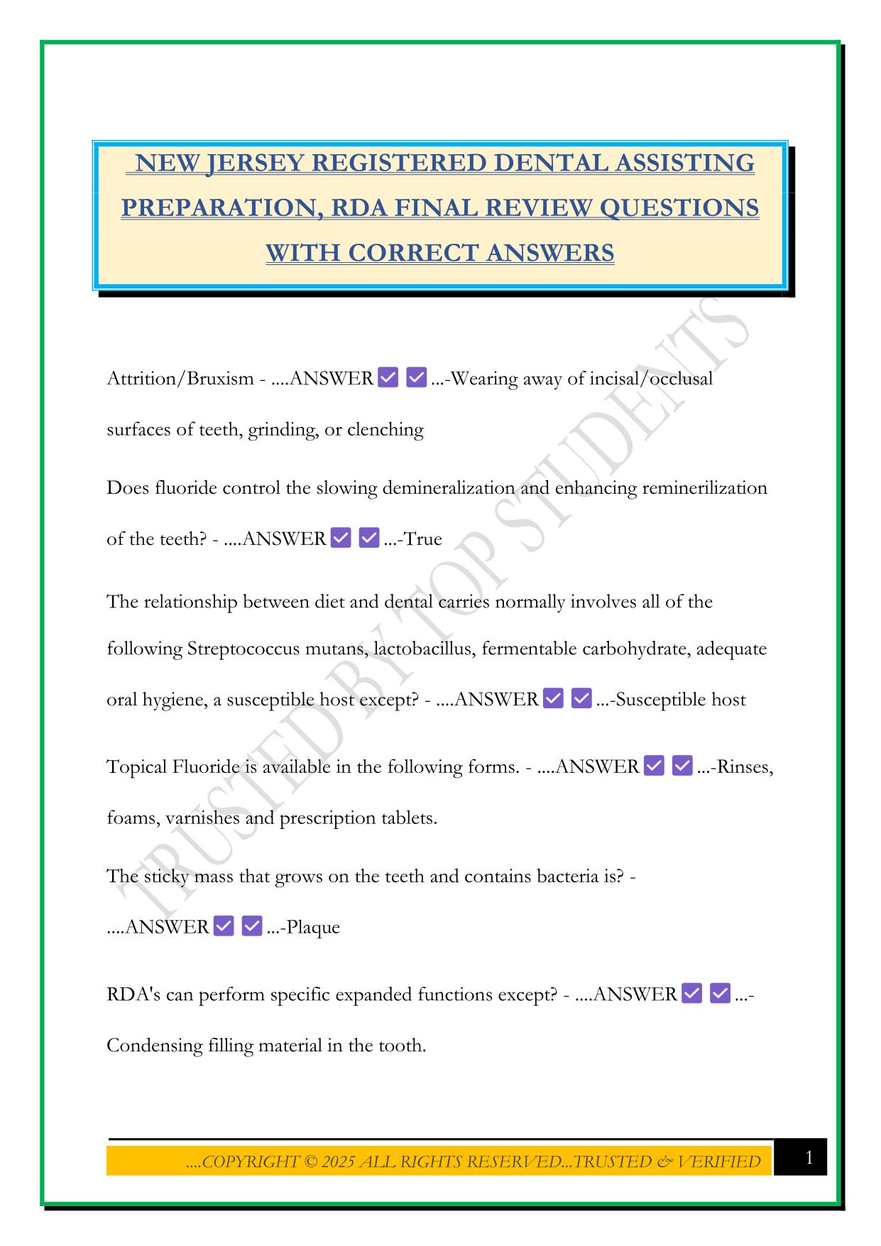 NEW JERSEY REGISTERED DENTAL ASSISTING PREPARATION, RDA FINAL REVIEW QUESTIONS WITH CORRECT ANSWERS