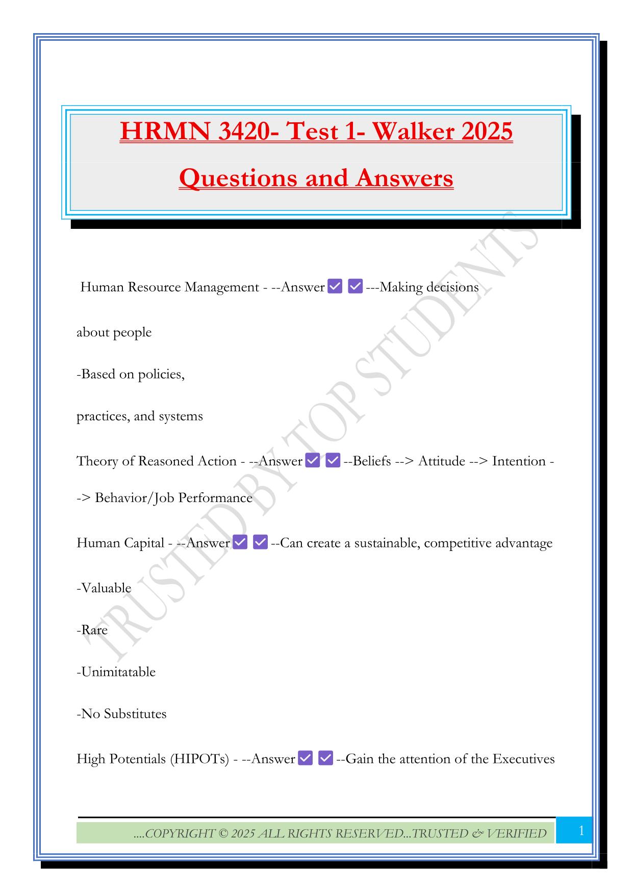HRMN 3420- Test 1- Walker 2025 Questions and Answers