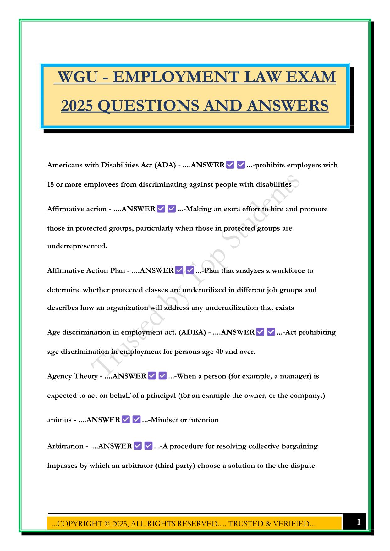 WGU - EMPLOYMENT LAW EXAM 2025 QUESTIONS AND ANSWERS