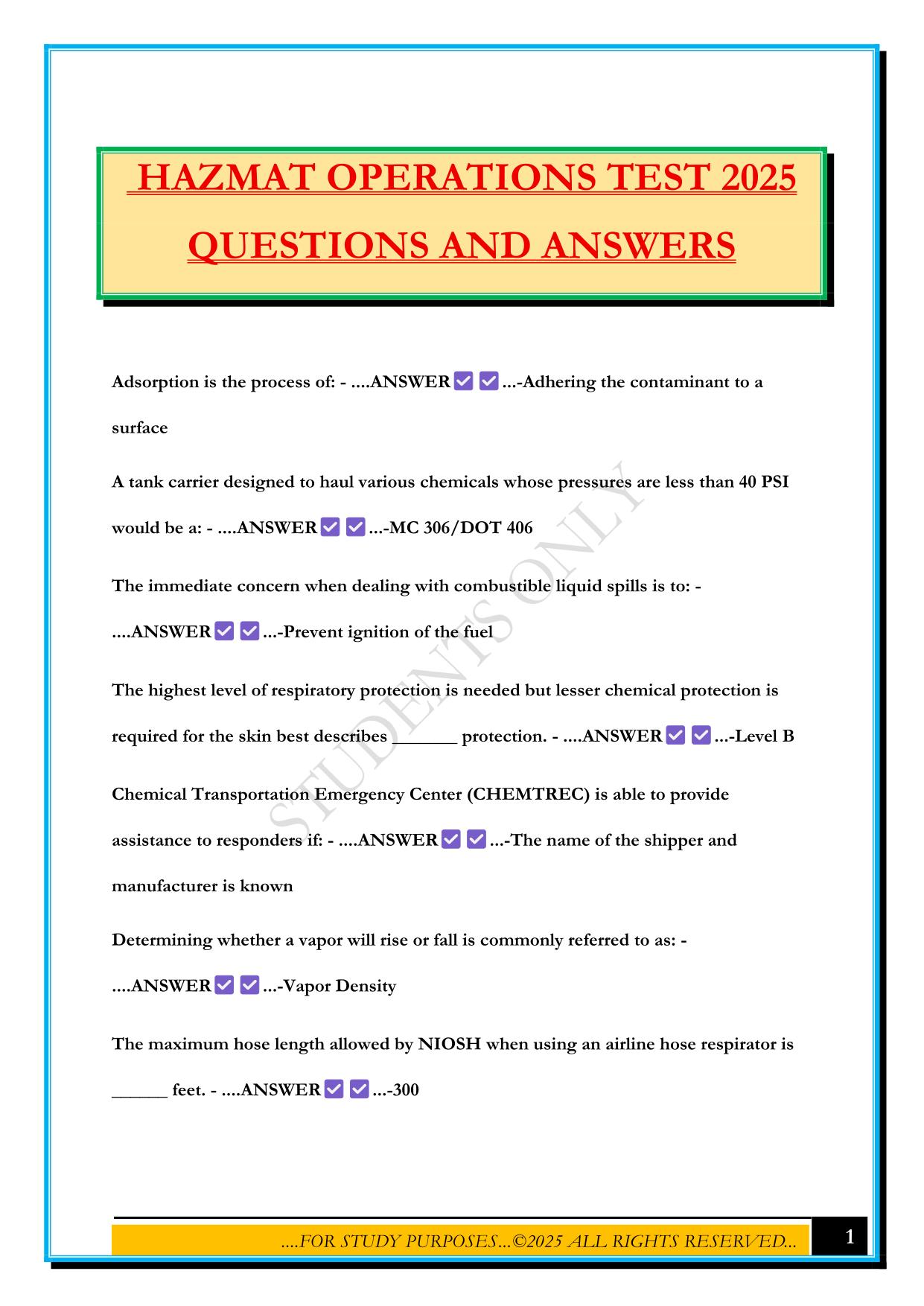 HAZMAT OPERATIONS TEST 2025 QUESTIONS AND ANSWERS