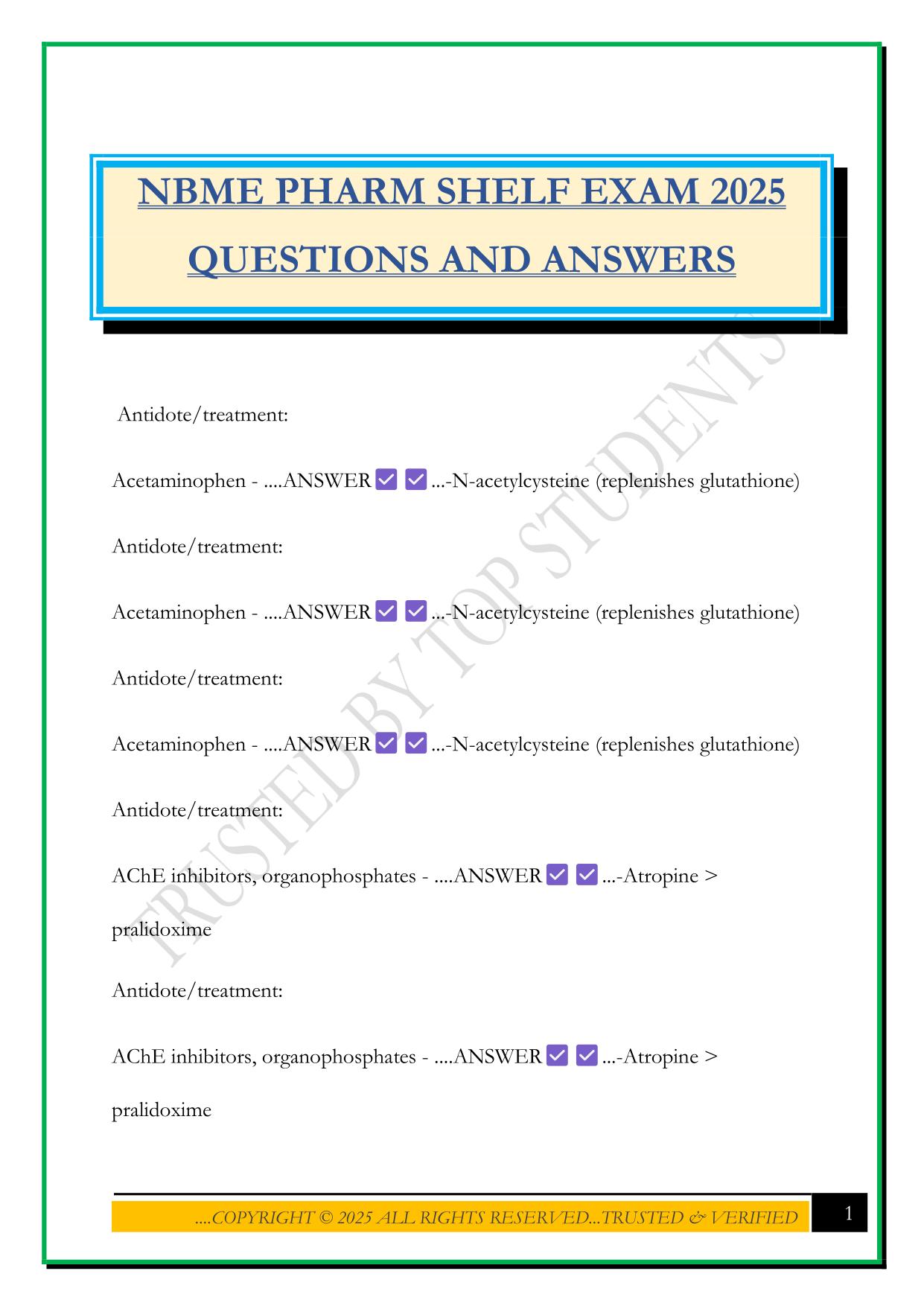 NBME PHARM SHELF EXAM 2025 QUESTIONS AND ANSWERS