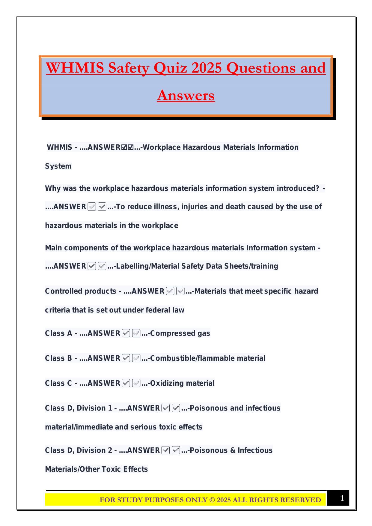 WHMIS Safety Quiz 2025 Questions and Answers