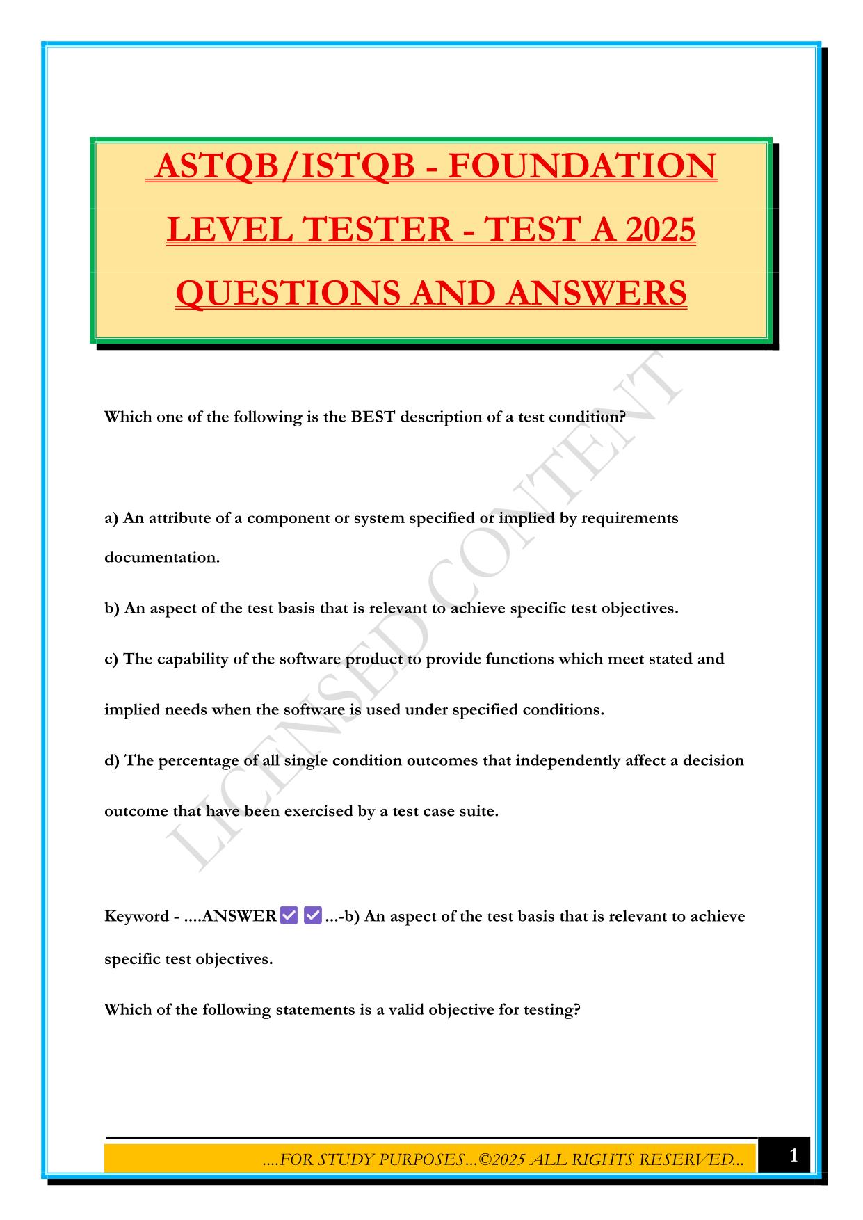 ASTQB/ISTQB - FOUNDATION LEVEL TESTER - TEST A 2025 QUESTIONS AND ANSWERS
