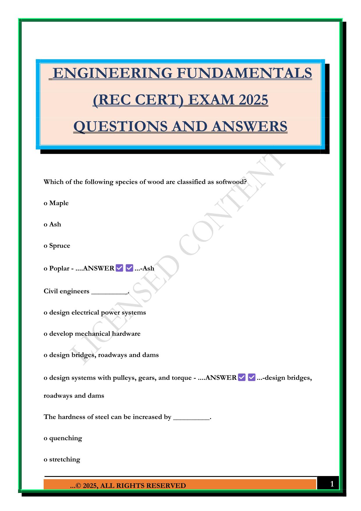 ENGINEERING FUNDAMENTALS (REC CERT) EXAM 2025 QUESTIONS AND ANSWERS