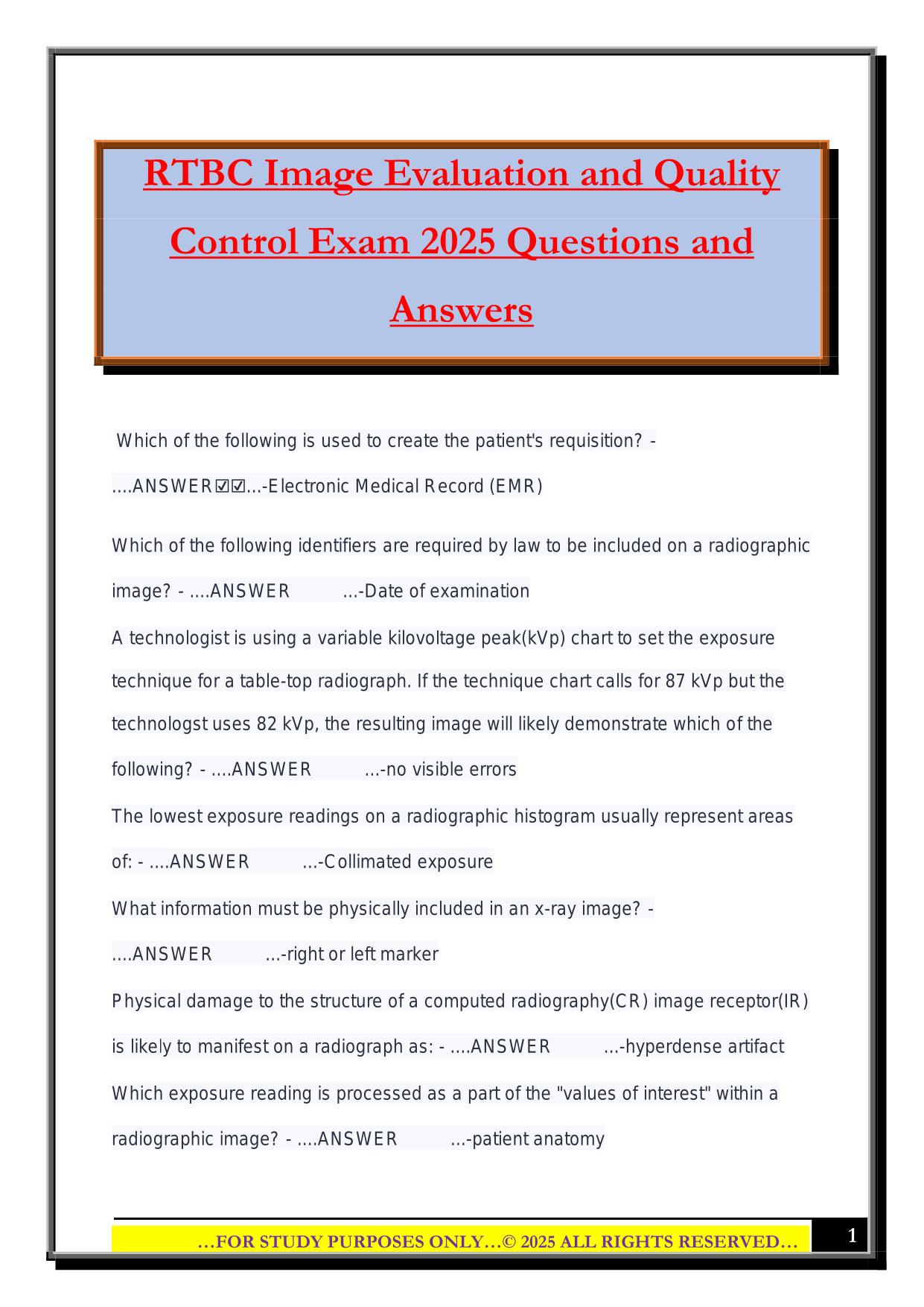 RTBC Image Evaluation and Quality Control Exam 2025 Questions and Answers