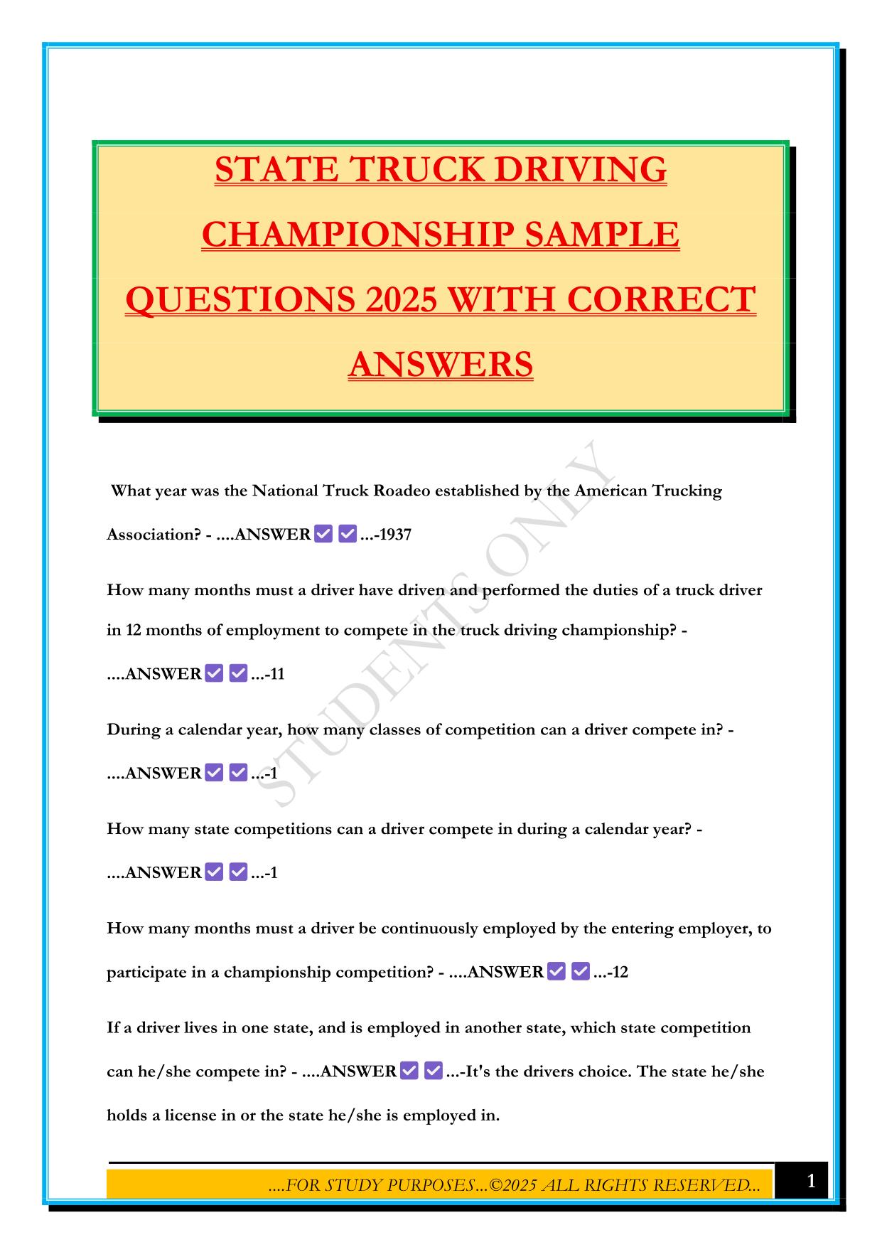 STATE TRUCK DRIVING CHAMPIONSHIP SAMPLE QUESTIONS 2025 WITH CORRECT ANSWERS