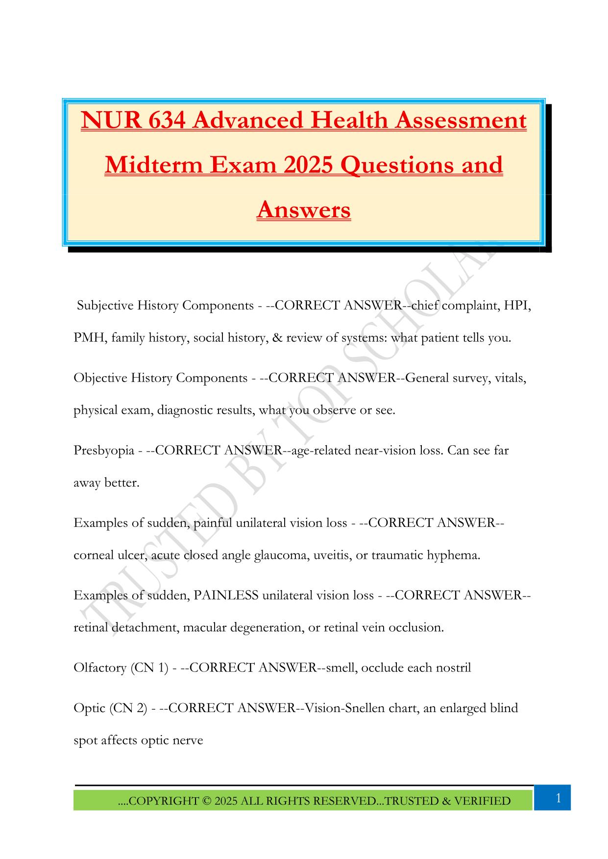 NUR 634 Advanced Health Assessment Midterm Exam 2025 Questions and Answers