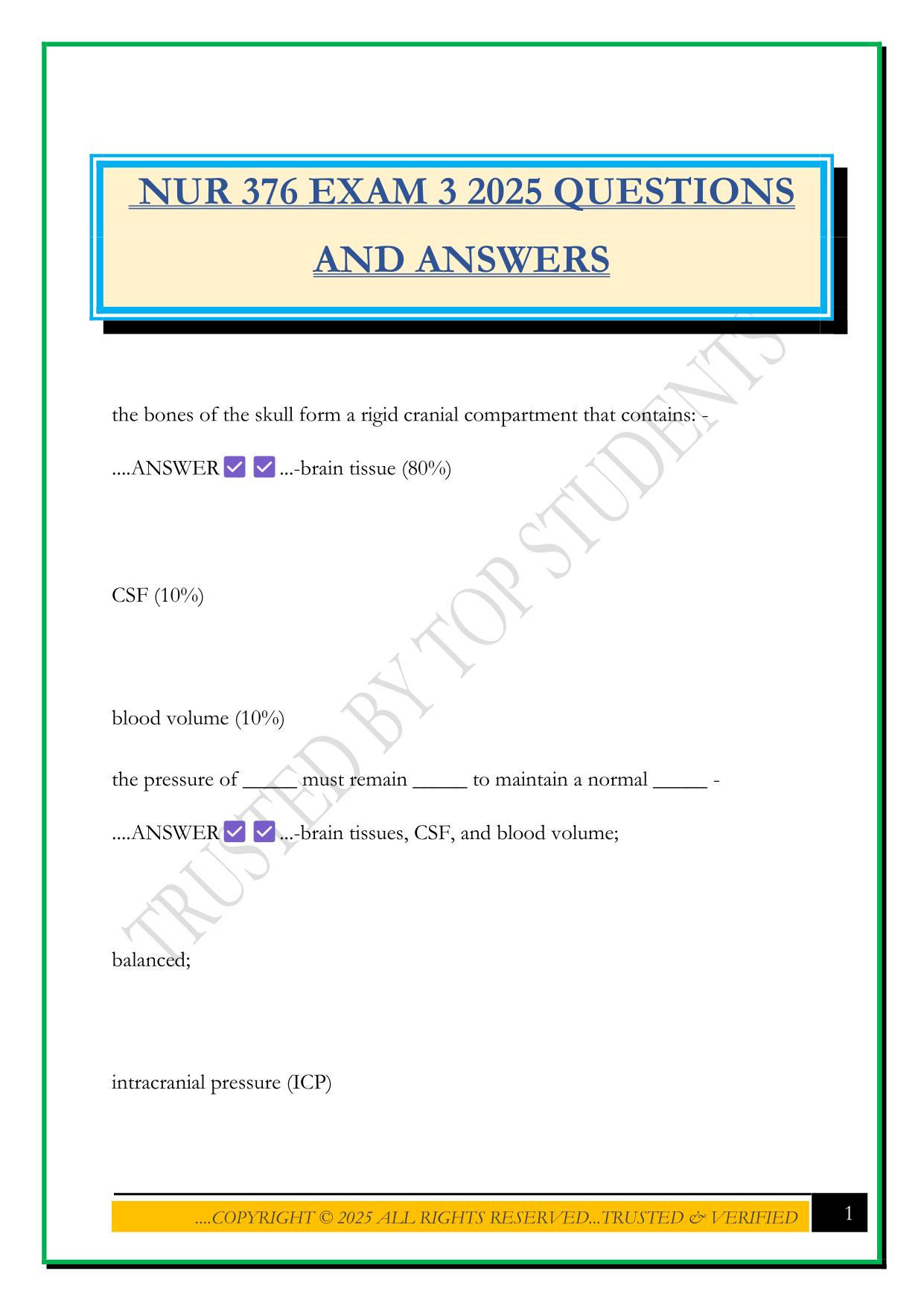 NUR 376 EXAM 3 2025 QUESTIONS AND ANSWERS