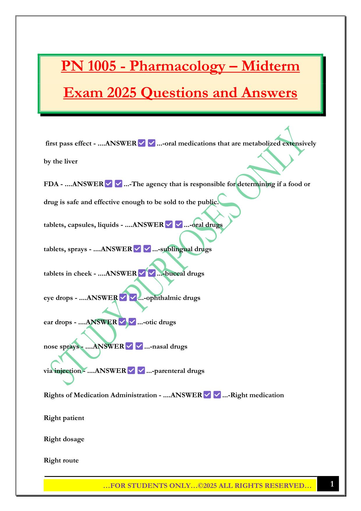 PN 1005 - Pharmacology – Midterm Exam 2025 Questions and Answers