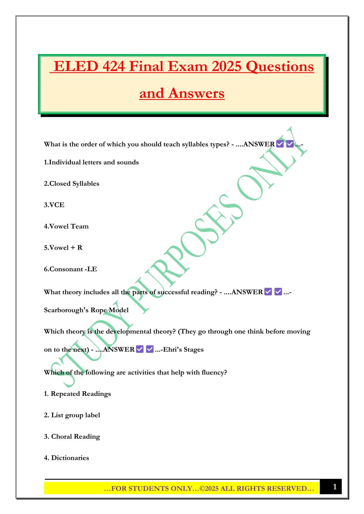 ELED 424 Final Exam 2025 Questions and Answers