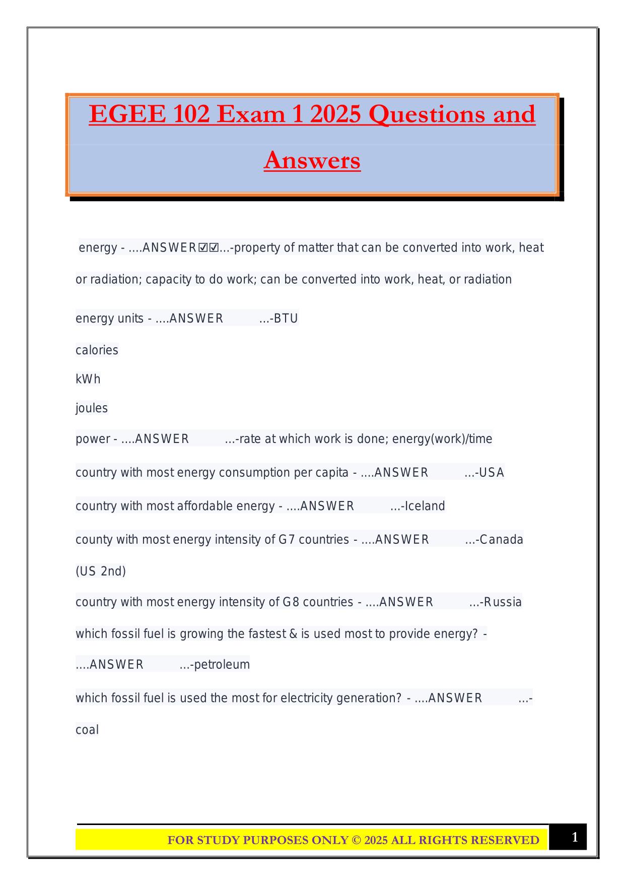 EGEE 102 Exam 1 2025 Questions and Answers
