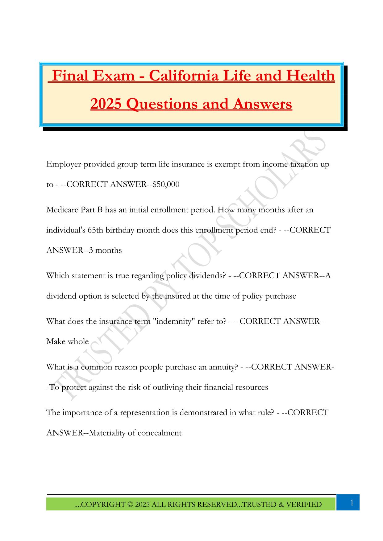 California Life and Health Fall 2025 Bundled Exams Questions and Answers |100% Pass Verified and Updated