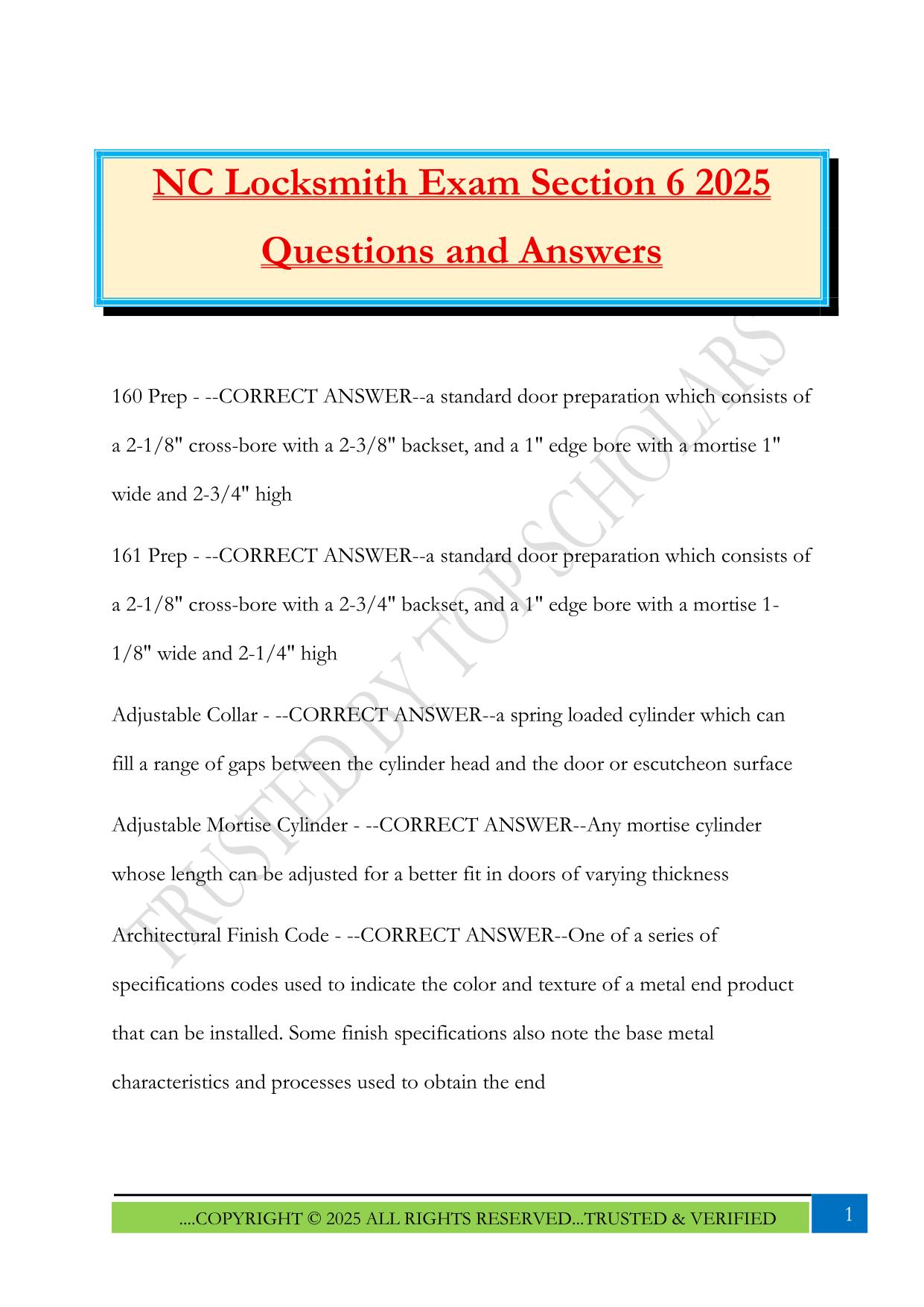 NC Locksmith Exam Section 6 2025 Questions and Answers