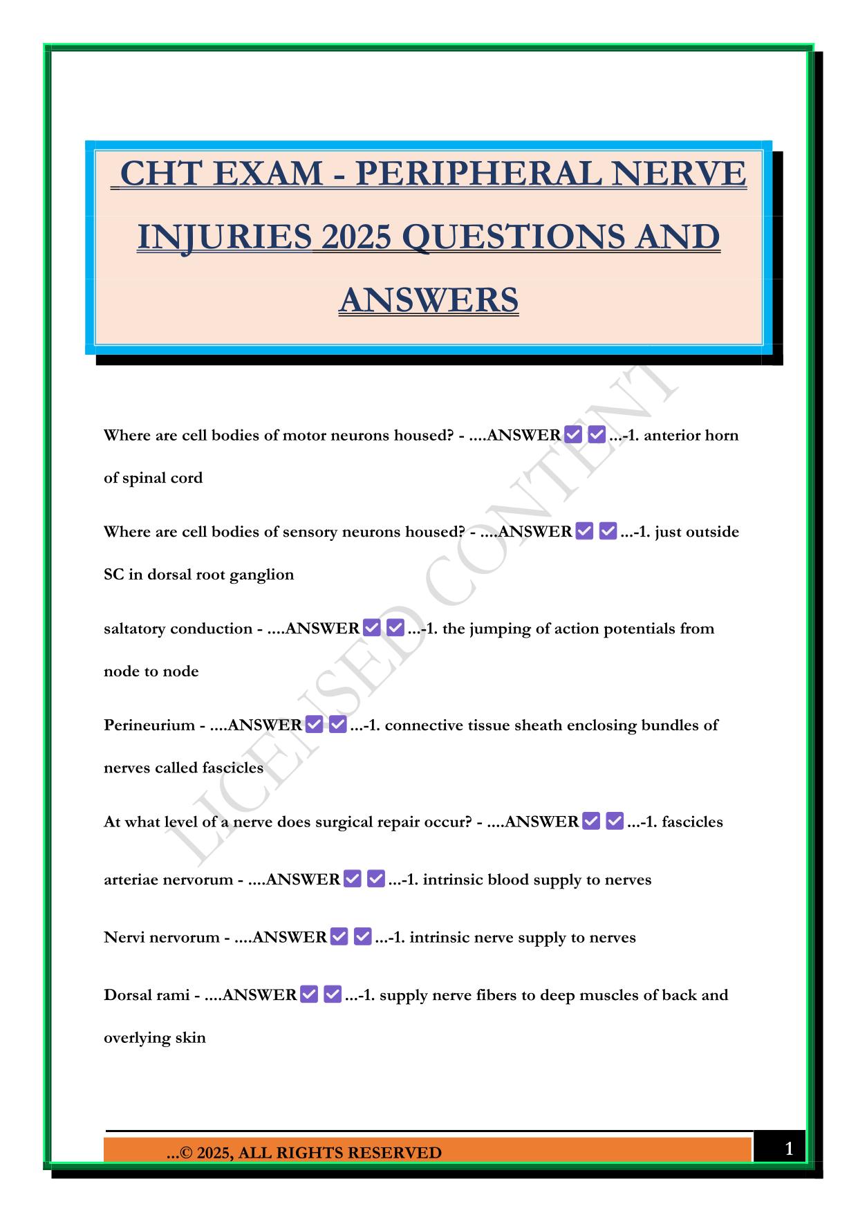 CHT EXAM - PERIPHERAL NERVE INJURIES 2025 QUESTIONS AND ANSWERS