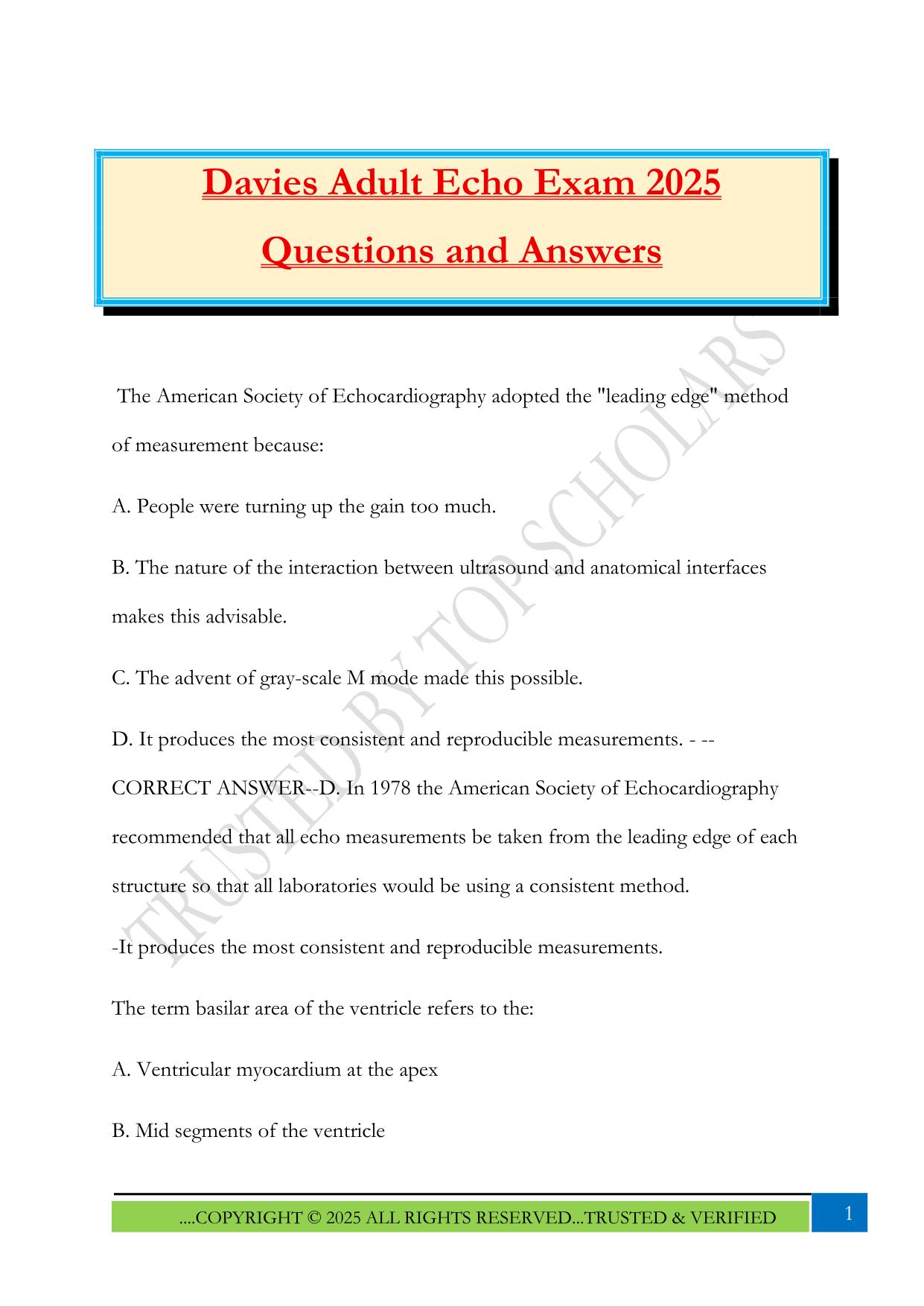 Davies Adult Echo Exam 2025 Questions and Answers