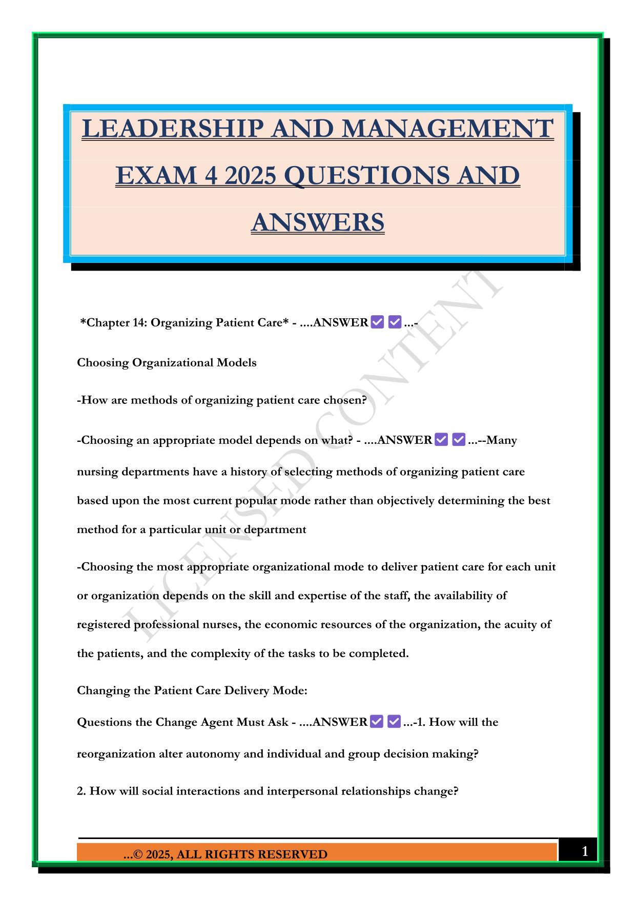 LEADERSHIP AND MANAGEMENT EXAM 4 2025 QUESTIONS AND ANSWERS