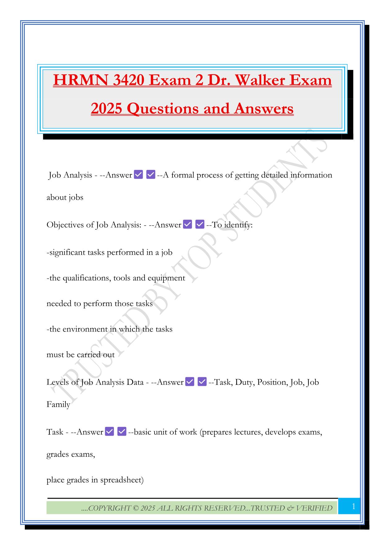 HRMN 3420 Exam 2 Dr. Walker Exam 2025 Questions and Answers