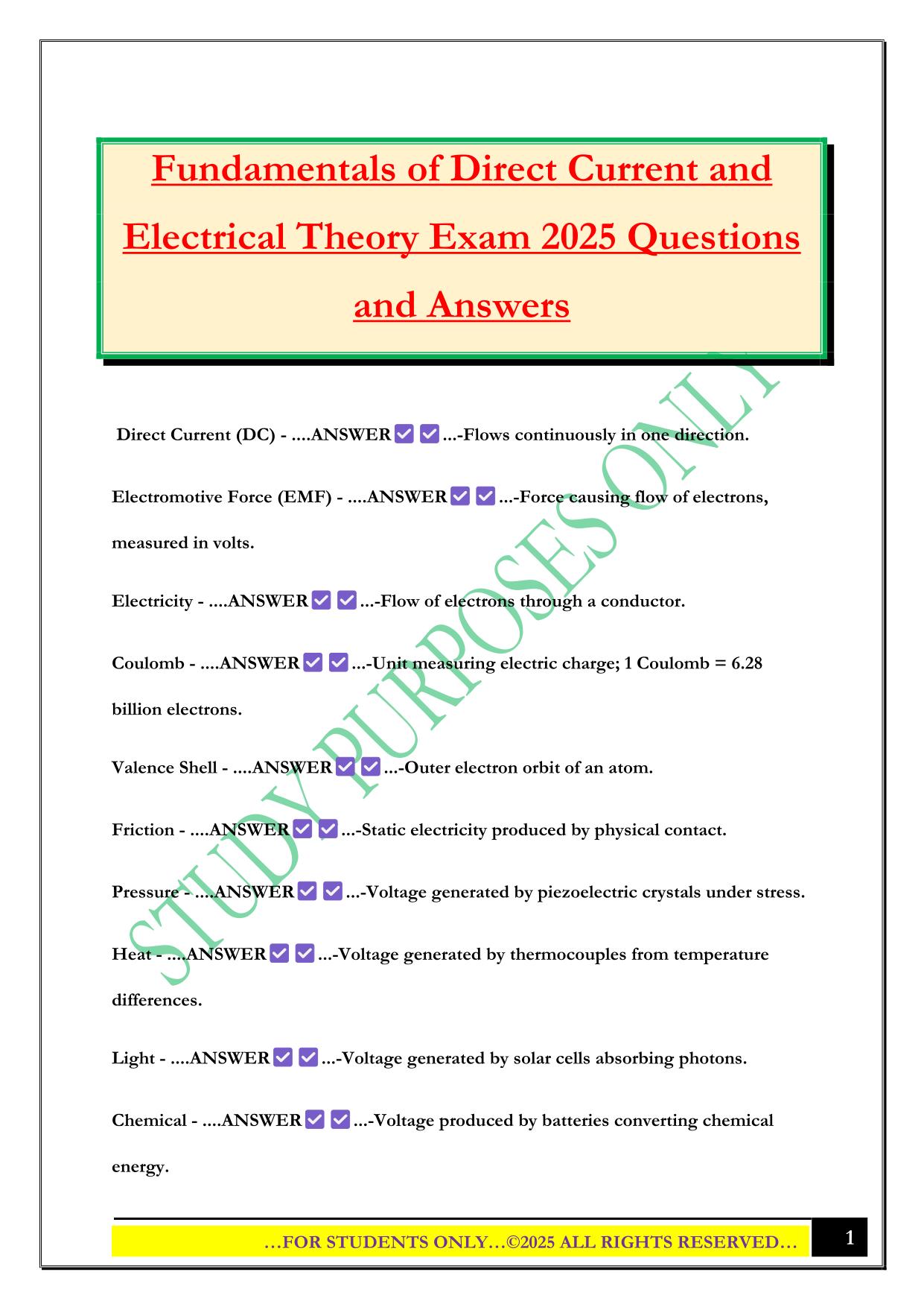 Fundamentals of Direct Current and Electrical Theory Exam 2025 Questions and Answers