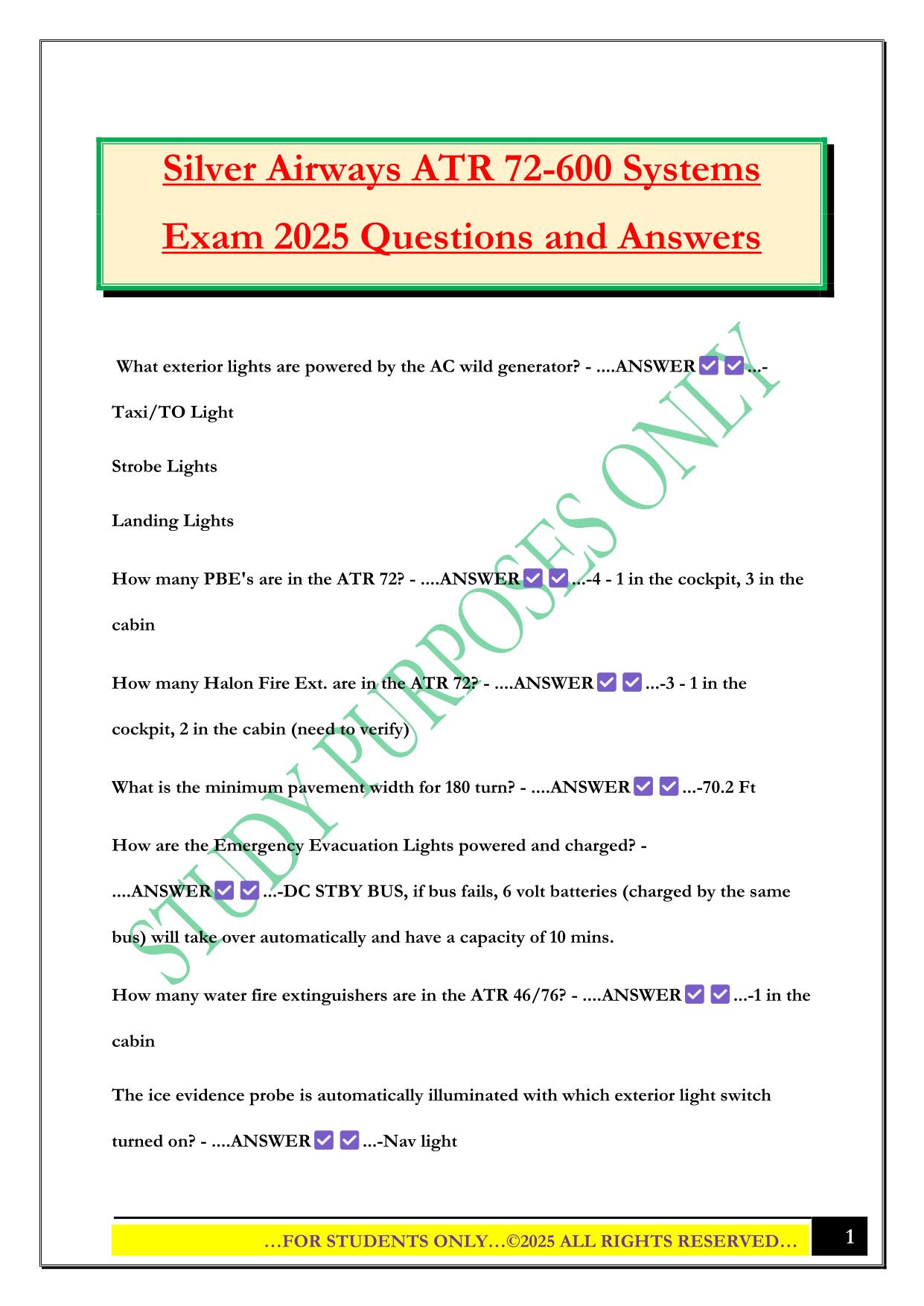 Silver Airways ATR 72-600 Systems Exam 2025 Questions and Answers